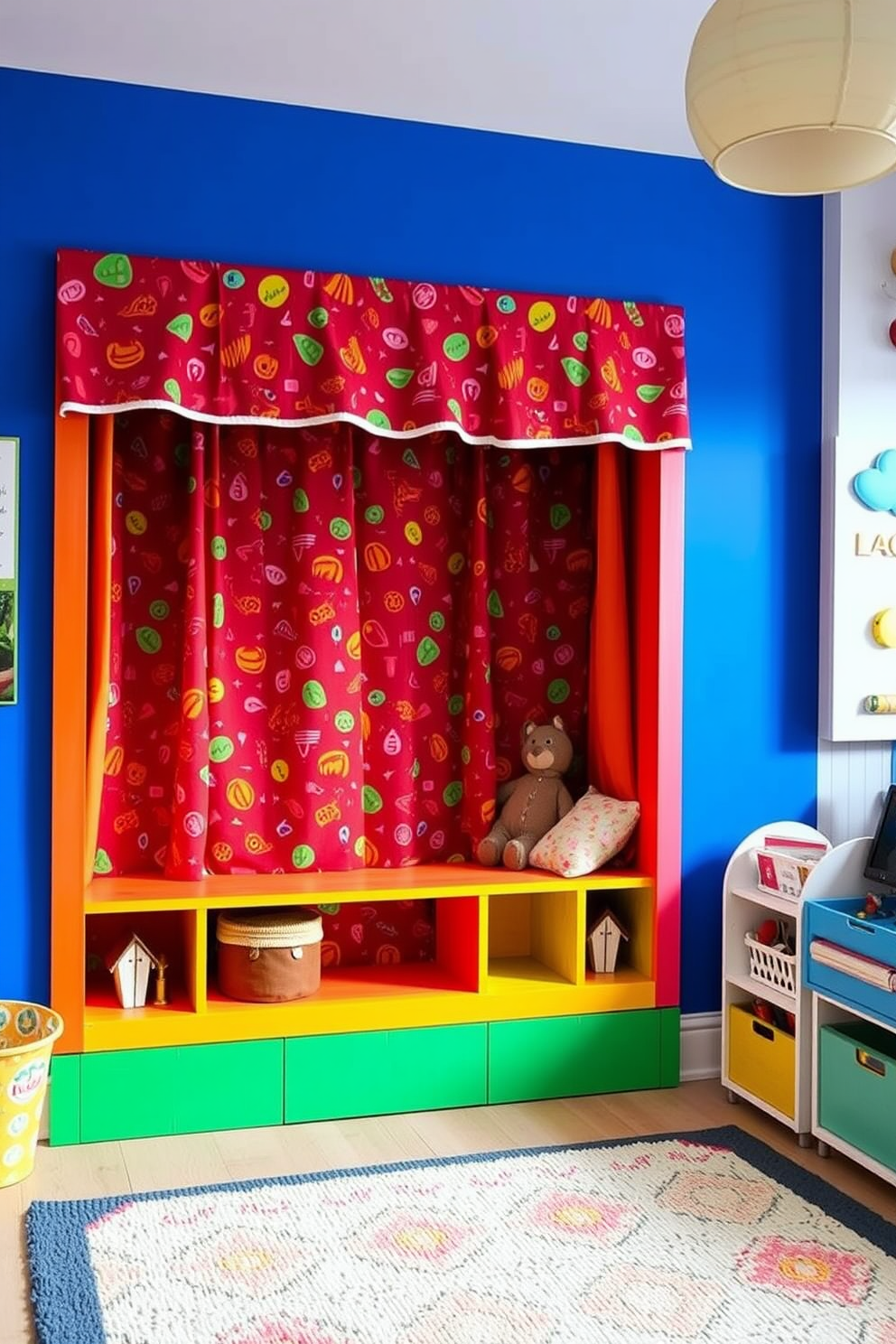 A DIY puppet theater designed for imaginative play features a colorful fabric backdrop with whimsical patterns. The stage is framed with wooden panels painted in bright hues, and there are shelves for storing puppets and props. The kids game room is designed with vibrant colors and playful decor. It includes a cozy reading nook, a soft rug for play, and interactive wall art to inspire creativity.