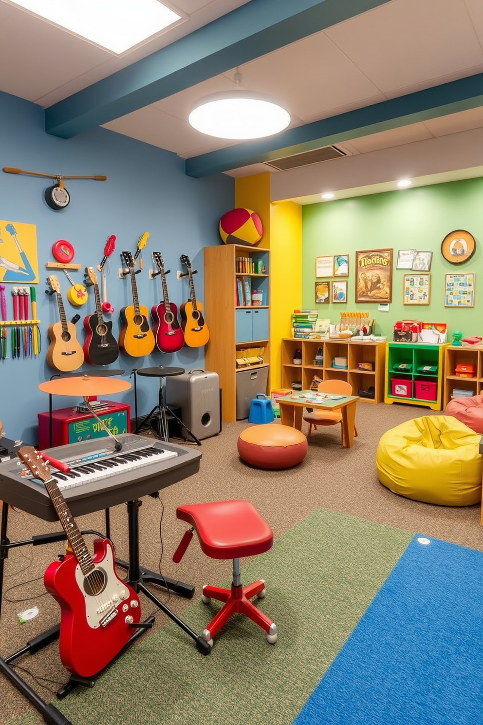 A vibrant musical instruments corner designed for sound exploration. The space features a colorful array of instruments including a keyboard, guitars, and percussion instruments, all arranged invitingly for children to experiment and play. A playful kids game room filled with engaging activities and bright colors. The room includes a large play mat, a variety of board games, and a cozy reading nook with bean bags for relaxation after playtime.