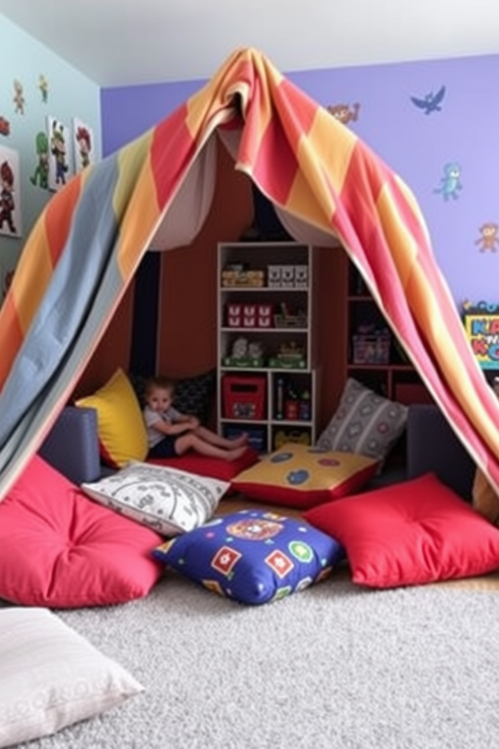 A cozy fort-building space is created using colorful blankets draped over furniture to form a playful hideaway. Soft pillows of various sizes are scattered around the floor, inviting children to lounge and play comfortably. The kids game room features a vibrant color palette with wall decals of their favorite characters. A large rug defines the play area, while shelves filled with toys and games keep the space organized and fun.