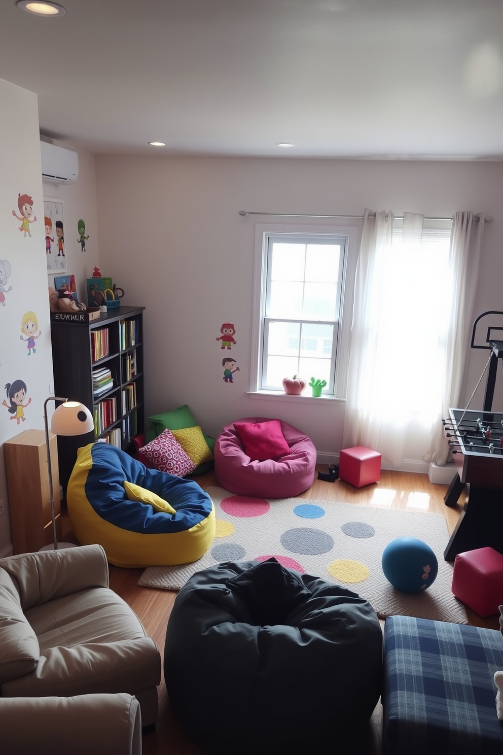 Cozy reading nook with bean bags. Soft natural light filters in through a large window, illuminating a corner filled with colorful bean bags and plush cushions. A small bookshelf brimming with children's books stands nearby, while a whimsical rug adds warmth to the space. A floor lamp with a playful design provides additional lighting for cozy reading sessions. Kids Game Room Design Ideas. The room features bright, vibrant colors with wall decals of popular cartoon characters. A large play area is equipped with various games, including a foosball table and a mini basketball hoop. Comfortable seating options like bean bags and a small sofa create an inviting atmosphere for playdates and family fun.