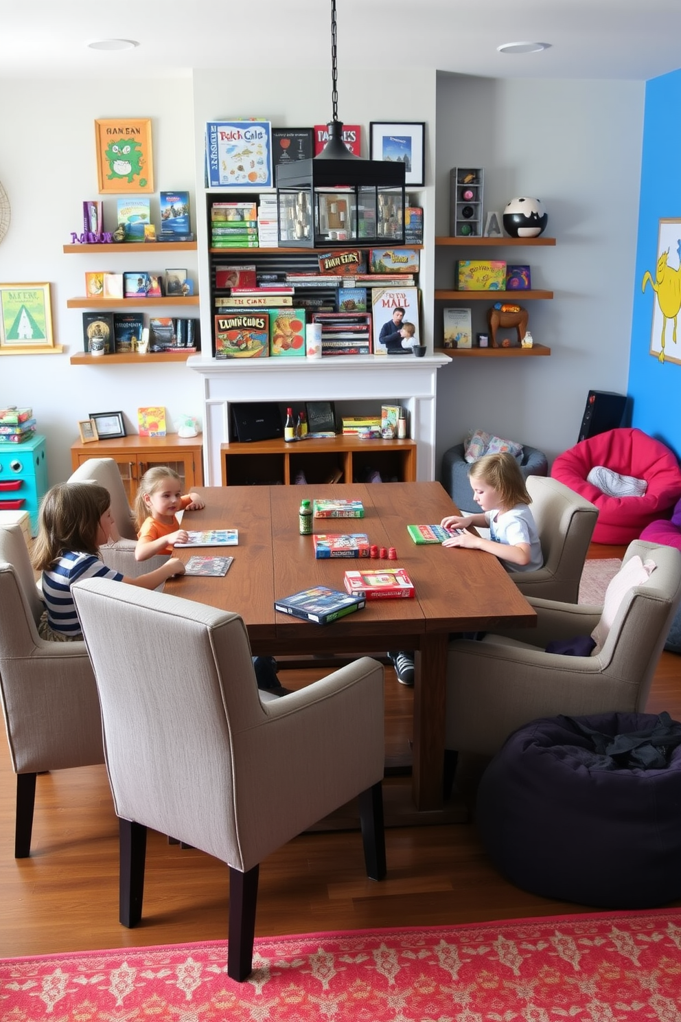 A cozy family game night setup features a large, rustic wooden table surrounded by comfortable upholstered chairs. The room is filled with vibrant colors, playful decor, and shelves stocked with board games and puzzles. The kids' game room is designed with fun and functionality in mind, showcasing a bright color palette and playful artwork on the walls. Soft bean bags and a large rug create a welcoming space for children to relax and enjoy their favorite games.