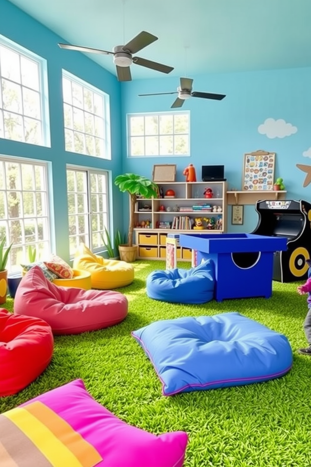 A vibrant kids game room filled with outdoor-themed elements. The walls are painted in a cheerful sky blue, and large windows let in plenty of natural light. Bright green faux grass covers the floor, creating a playful and inviting atmosphere. Colorful bean bags and soft cushions are scattered around for comfortable seating.