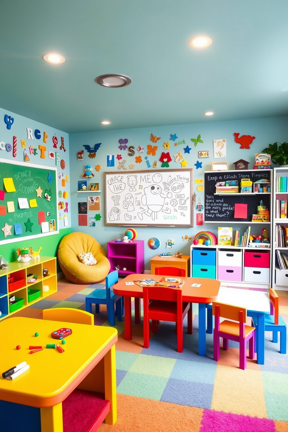 A vibrant kids game room filled with colorful magnetic walls that encourage creativity and learning. The space features a cozy reading nook with bean bags and a large chalkboard for drawing and brainstorming ideas. Brightly colored furniture, including a playful table and chairs, is arranged for games and activities. Shelves are filled with educational toys and books, creating an inviting atmosphere for exploration and fun.