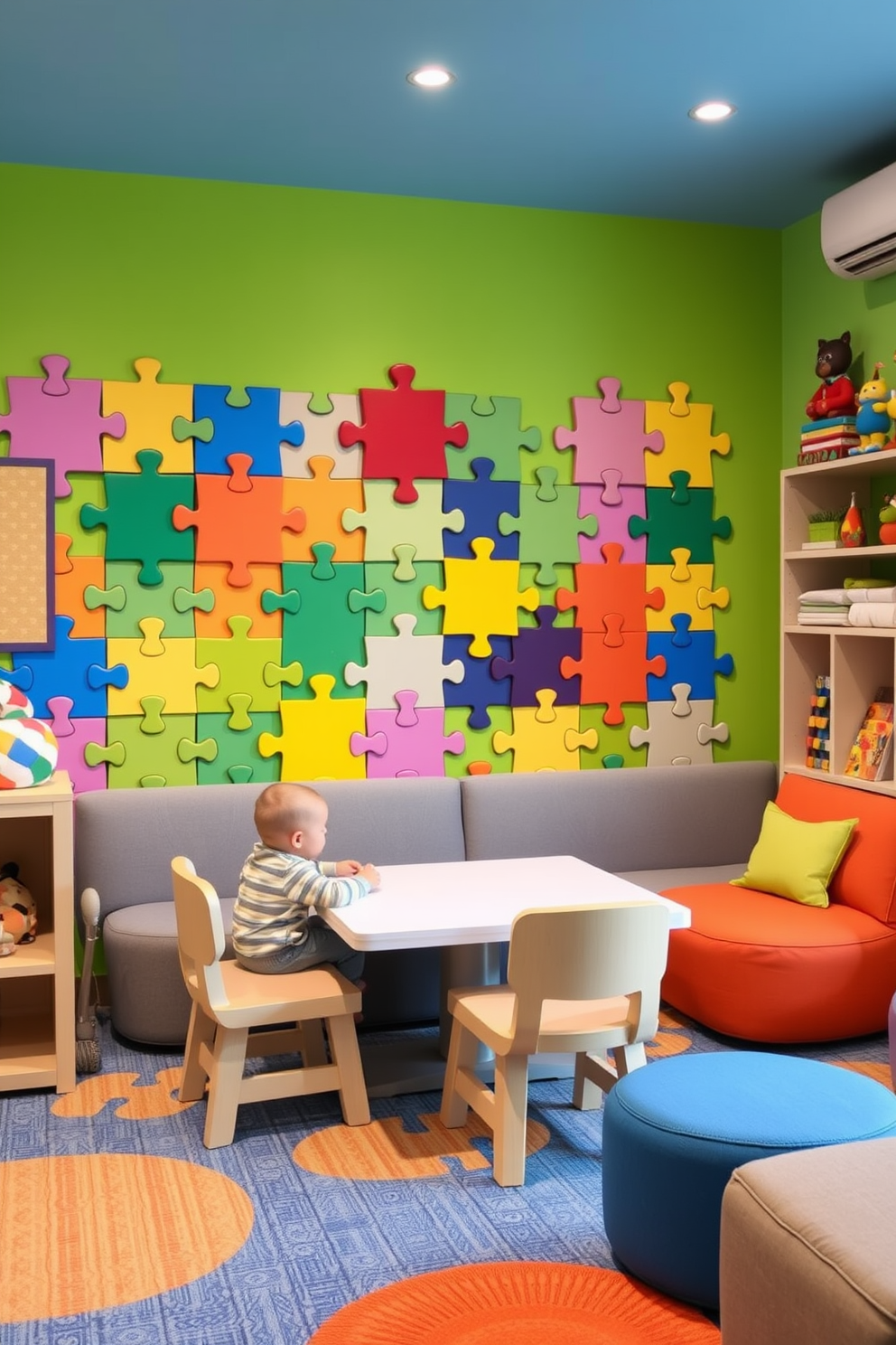 A vibrant game room designed for kids features a puzzle wall with colorful interchangeable pieces that stimulate creativity and play. The room is filled with soft seating options and playful decor, creating an inviting atmosphere for fun and interaction.