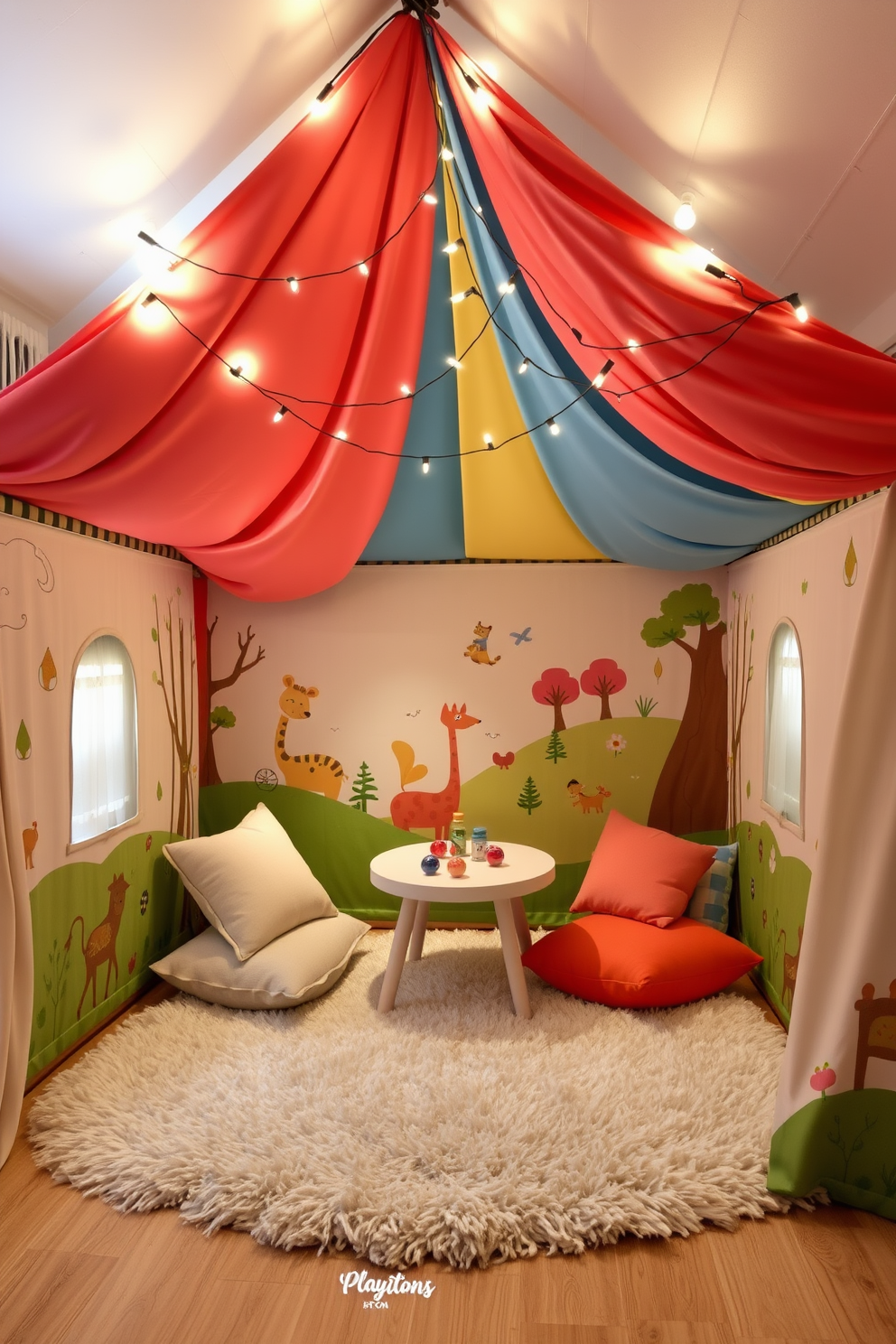 A whimsical playhouse designed as a themed tent for children, featuring vibrant colors and playful patterns. Inside, there are cozy cushions and a small table for games, with fairy lights strung overhead to create a magical atmosphere. The walls are adorned with fun graphics of animals and adventure scenes, inspiring imaginative play. A soft rug covers the floor, providing a comfortable space for kids to sit and enjoy their adventures.