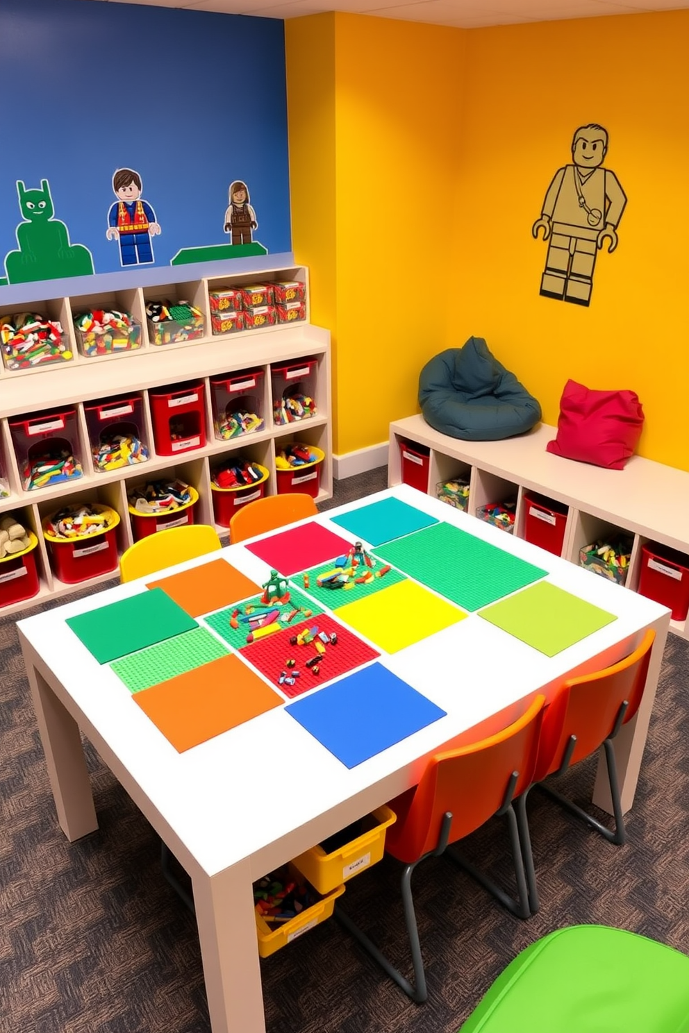 A vibrant Lego building station designed for children features a spacious table topped with colorful Lego base plates. Surrounding the table, there are cubbies filled with neatly organized bins for different Lego pieces, encouraging creativity and easy access. The walls are painted in bright primary colors, and playful wall decals of Lego characters add a fun touch. Soft, durable carpeting provides a comfortable play area, and a cozy reading nook with bean bags is situated in one corner for a perfect blend of play and relaxation.