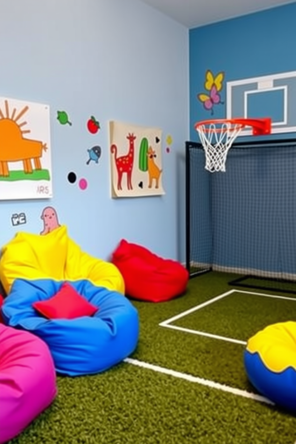 A vibrant kids game room filled with colorful bean bags and playful wall art. A small indoor sports area features a mini basketball hoop and a soft turf carpet for safe play.