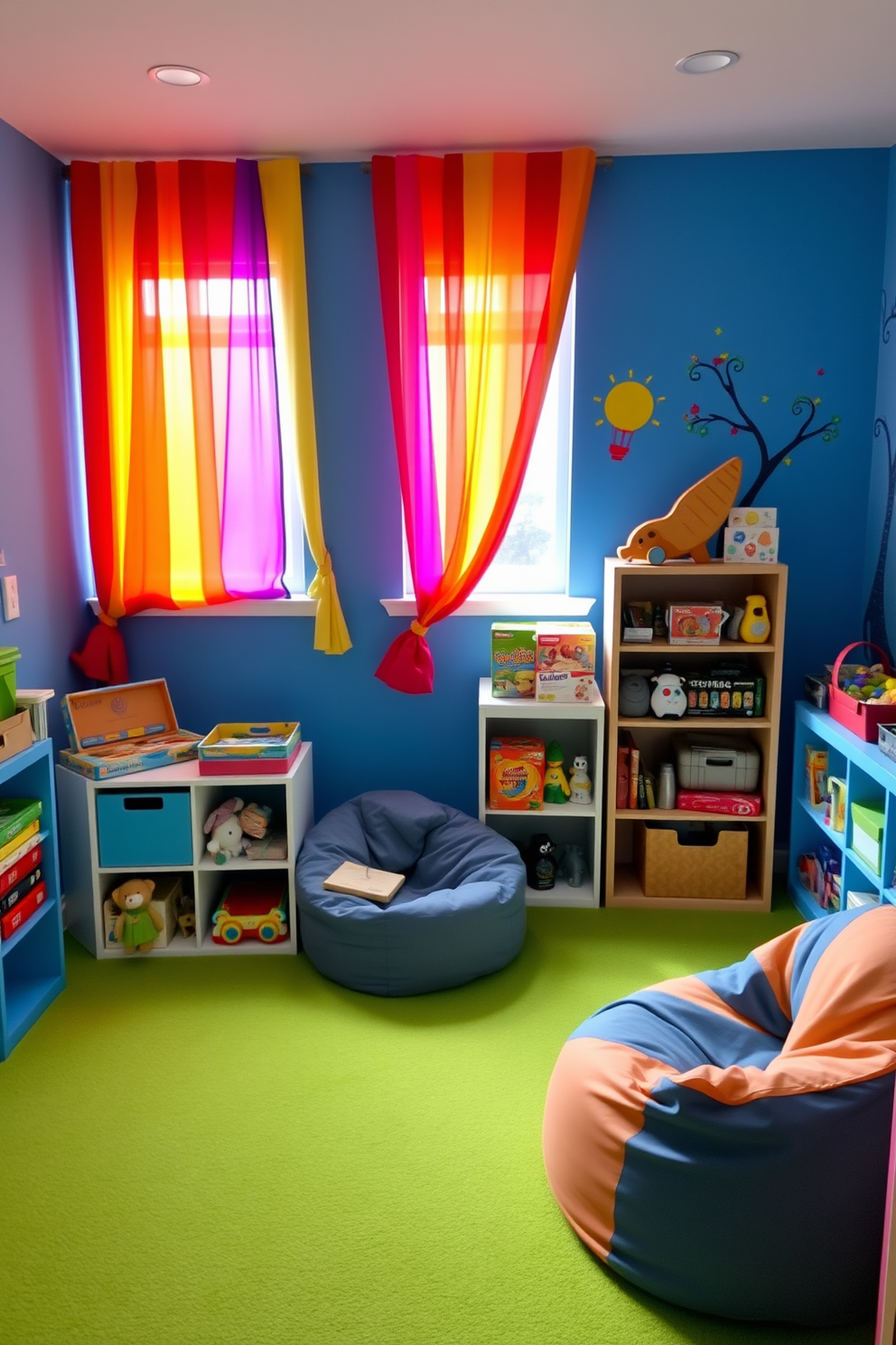 A vibrant kids game room filled with colorful curtains that frame the windows and add a playful touch to the space. The walls are painted in a cheerful blue, and the floor is covered with soft, plush carpeting in a bright green hue. A large, comfortable bean bag chair sits in one corner, inviting kids to relax and play. Shelves are filled with an assortment of toys and games, while a fun, whimsical mural decorates one wall, sparking imagination and creativity.