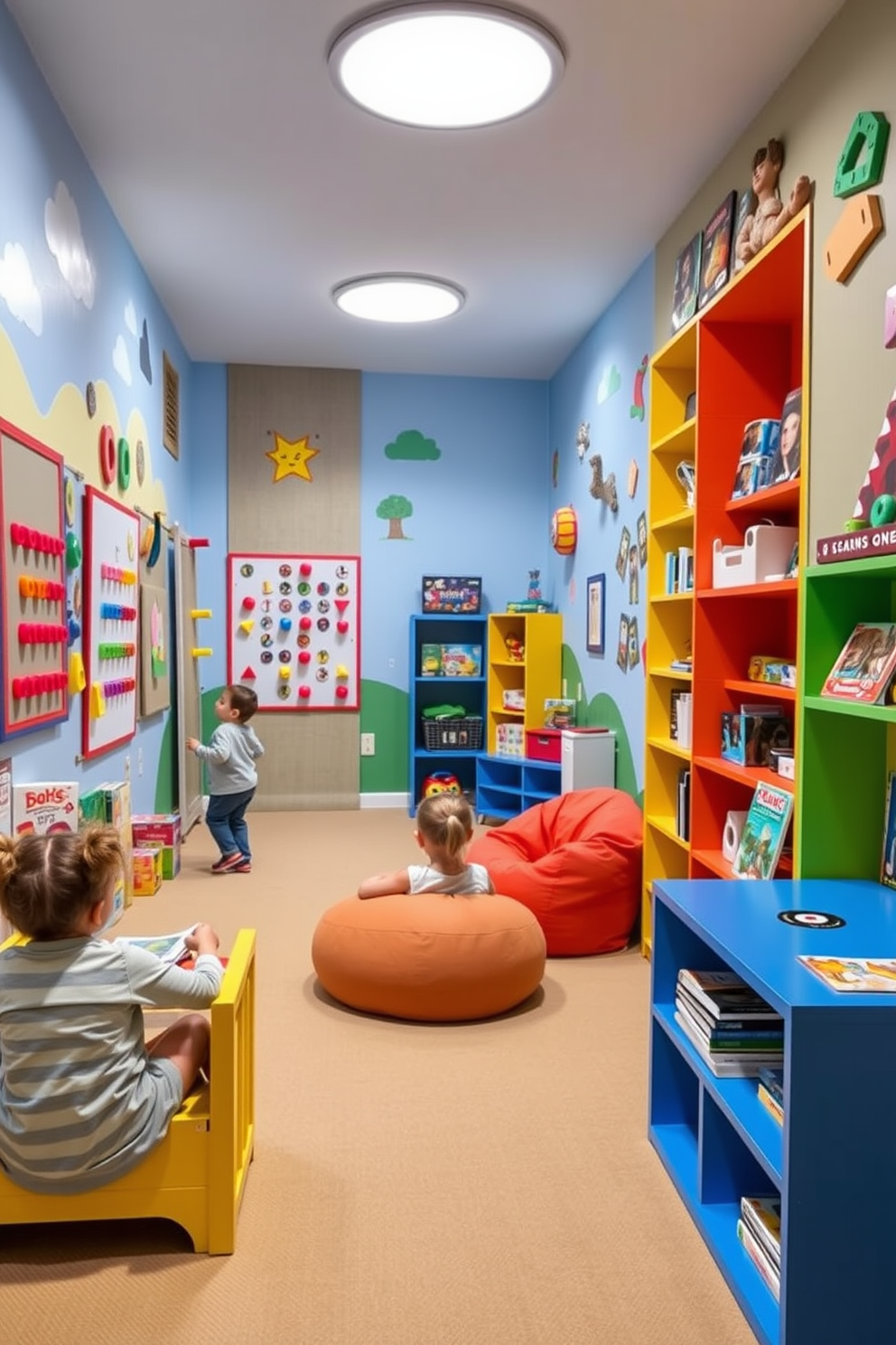 A vibrant and playful kids game room filled with interactive wall games designed for engagement. The walls are adorned with colorful murals and magnetic boards, while a soft foam floor provides a safe play area for children. In one corner, a climbing wall with colorful grips encourages physical activity, and a cozy reading nook with bean bags invites relaxation. Brightly colored shelving displays board games and toys, making it easy for kids to access their favorite activities.