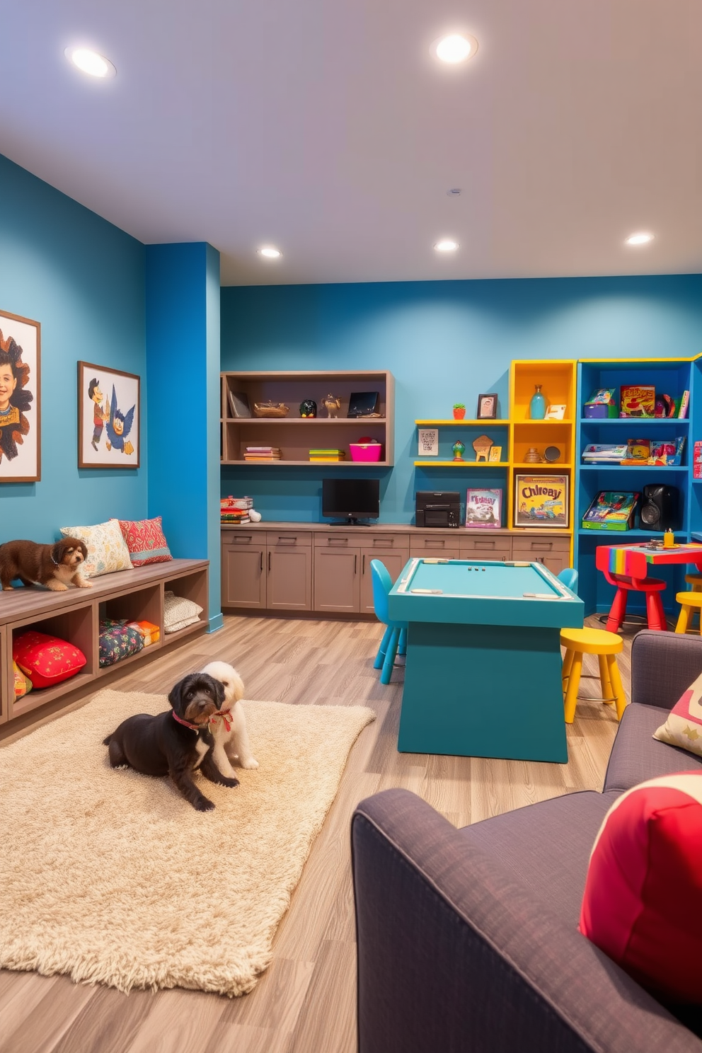 A cozy pet-friendly zone designed for family pets to join in on the fun. The space features a soft area rug, pet beds, and built-in storage for toys, creating a welcoming environment for both pets and children. A vibrant kids game room filled with colorful furniture and interactive play areas. The design includes a large play table, wall-mounted shelves for games, and comfortable seating for family and friends to enjoy together.