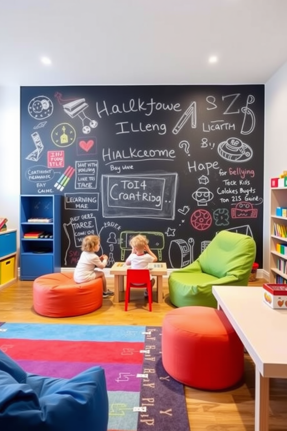 A vibrant kids game room features an interactive chalkboard wall where children can unleash their creativity. The space is filled with colorful furniture, including bean bags and a playful rug, creating an inviting atmosphere for play and learning.