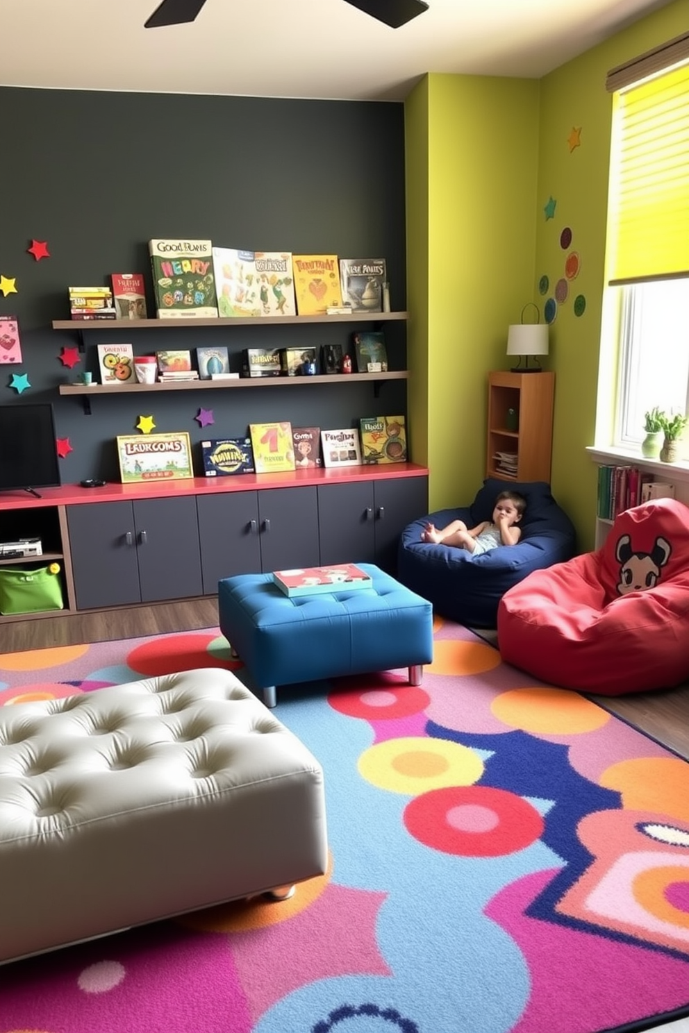 A vibrant kids game room designed for fun and creativity. The space features a large, colorful area rug that defines the play zone, surrounded by multifunctional furniture like a storage ottoman that doubles as seating and a coffee table. Brightly colored wall decals add a playful touch, while a wall-mounted shelf displays board games and toys for easy access. A cozy reading nook is created with bean bags and a small bookshelf, encouraging relaxation and imaginative play.