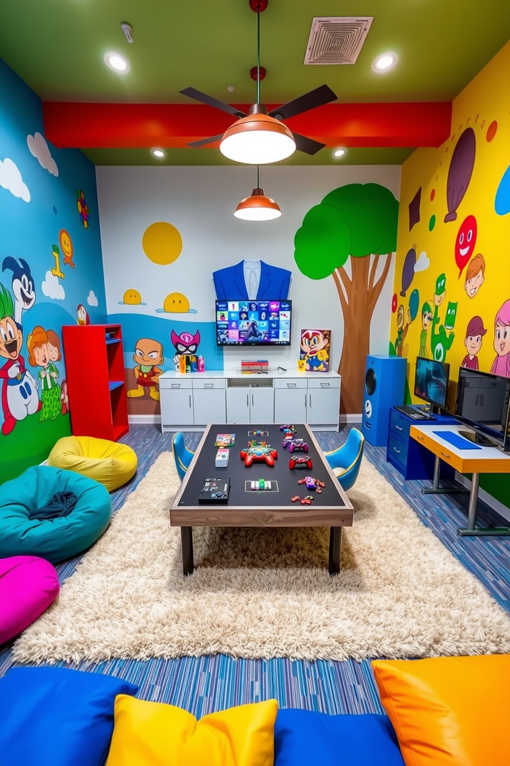 A vibrant kids game room inspired by beloved characters. The walls are adorned with colorful murals featuring playful designs of their favorite characters, creating an immersive atmosphere. In the center, a large, plush area rug provides a soft play surface, surrounded by bean bags and floor cushions in bright colors. A sturdy, multi-functional gaming table is set up with various board games and gaming consoles, inviting hours of fun and creativity.