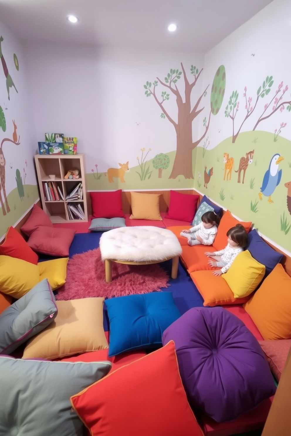 A cozy play area filled with colorful cushions and soft mats invites children to explore and play freely. The walls are adorned with playful murals featuring animals and nature, creating an engaging and cheerful atmosphere. In one corner, a small bookshelf holds an assortment of children's books and games. A low table surrounded by plush seating provides a perfect spot for creative activities and group games.