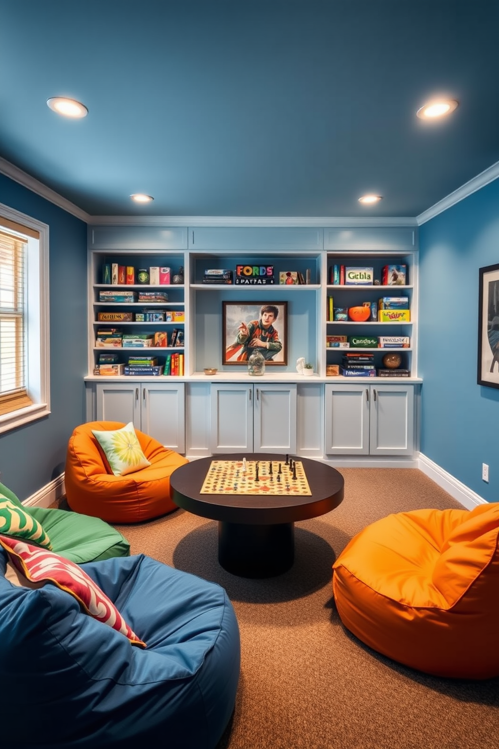 A vibrant game room designed for board games and puzzles. The walls are painted in a playful blue hue, and colorful bean bags are scattered around a large central table. A custom-built shelving unit displays an array of board games and puzzles, organized for easy access. Soft, ambient lighting creates a cozy atmosphere, inviting friends and family to gather and enjoy game nights together.