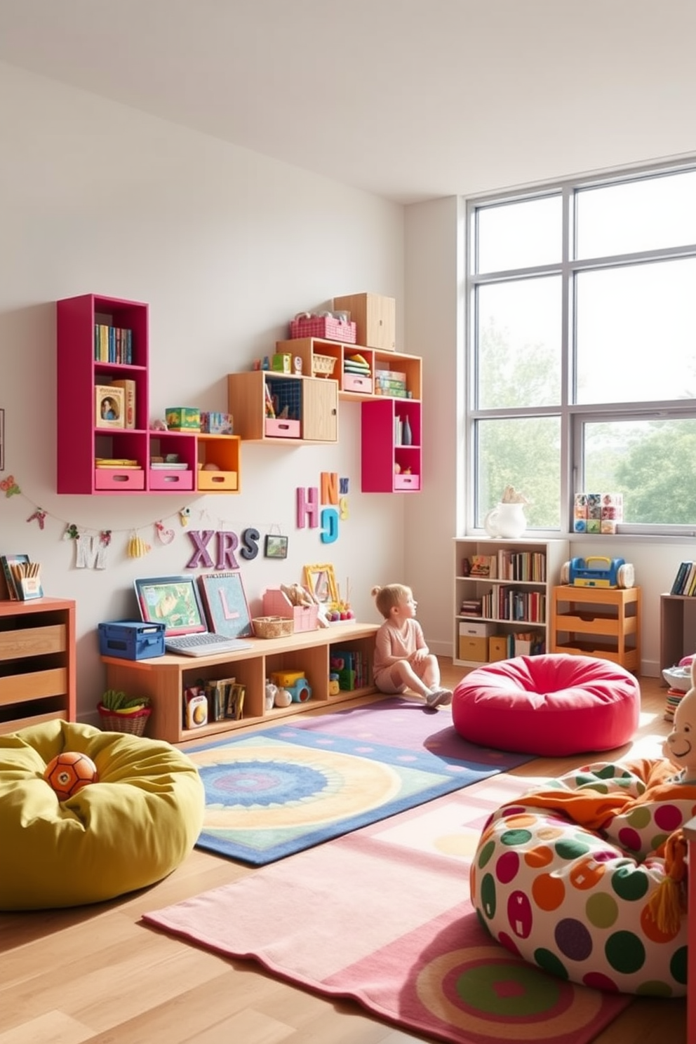 A vibrant kids game room filled with playful energy. The walls are painted in bright colors, and wall-mounted storage units are designed to hold toys and games, keeping the space organized and fun. A cozy seating area features bean bags and colorful rugs, inviting children to relax and play. Large windows allow natural light to flood the room, creating an inviting atmosphere for creativity and play.