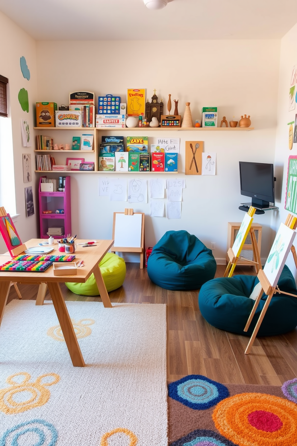 Art station with supplies and easels. The space features a large wooden table covered with paint tubes brushes and sketchbooks. Brightly colored easels are positioned around the room encouraging creativity. Walls are adorned with children's artwork creating an inspiring atmosphere. Kids game room design ideas. The room includes a cozy seating area with bean bags and a large rug for play. A wall-mounted game console and shelves filled with board games and toys provide endless entertainment options.