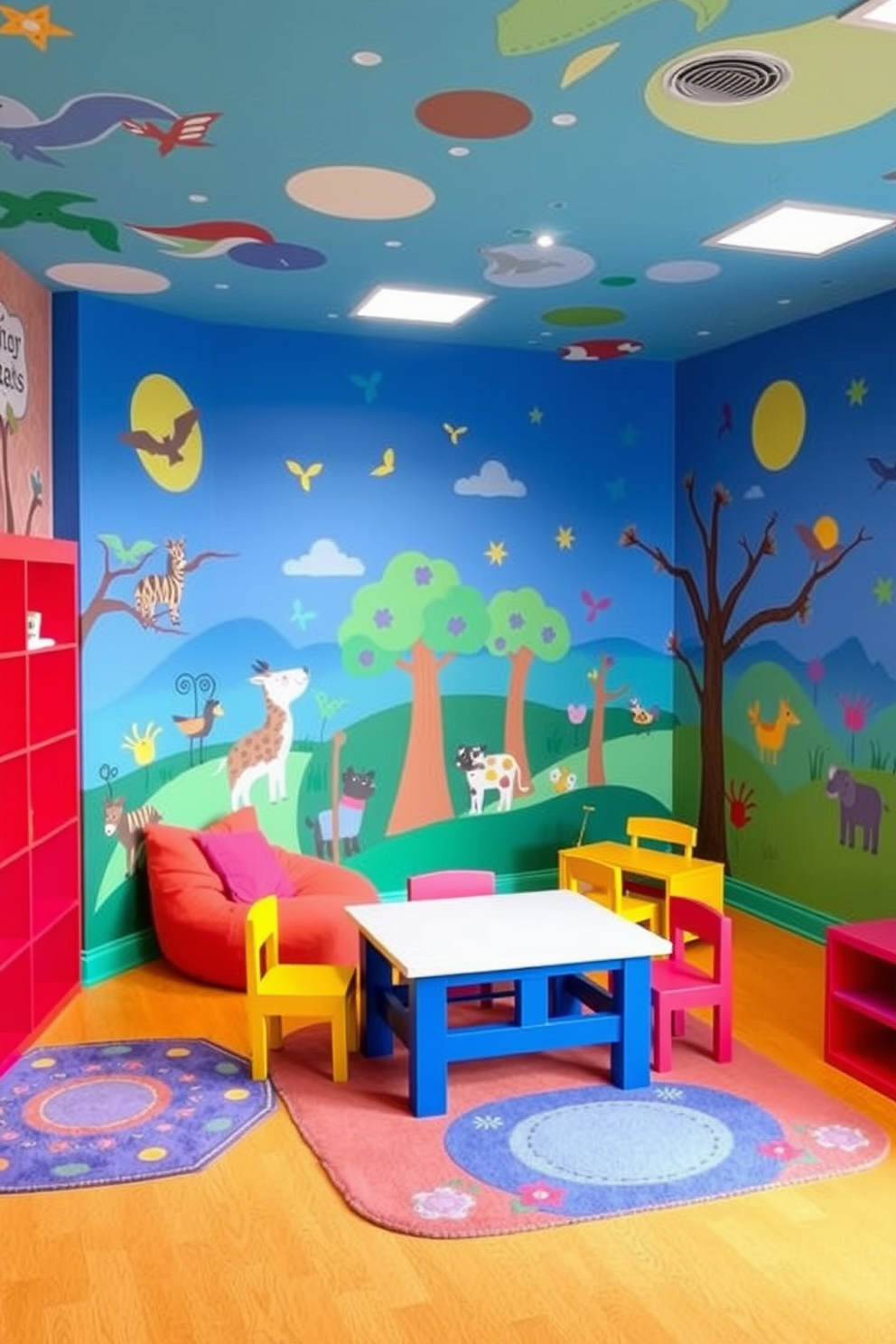 A vibrant playroom filled with colorful wall murals that inspire creativity. The walls are adorned with whimsical designs featuring animals, nature, and abstract shapes, creating an engaging atmosphere for children. Brightly colored furniture complements the murals, including a soft bean bag area and a large play table. The flooring is a safe, cushioned material, and playful rugs add warmth and texture to the space.