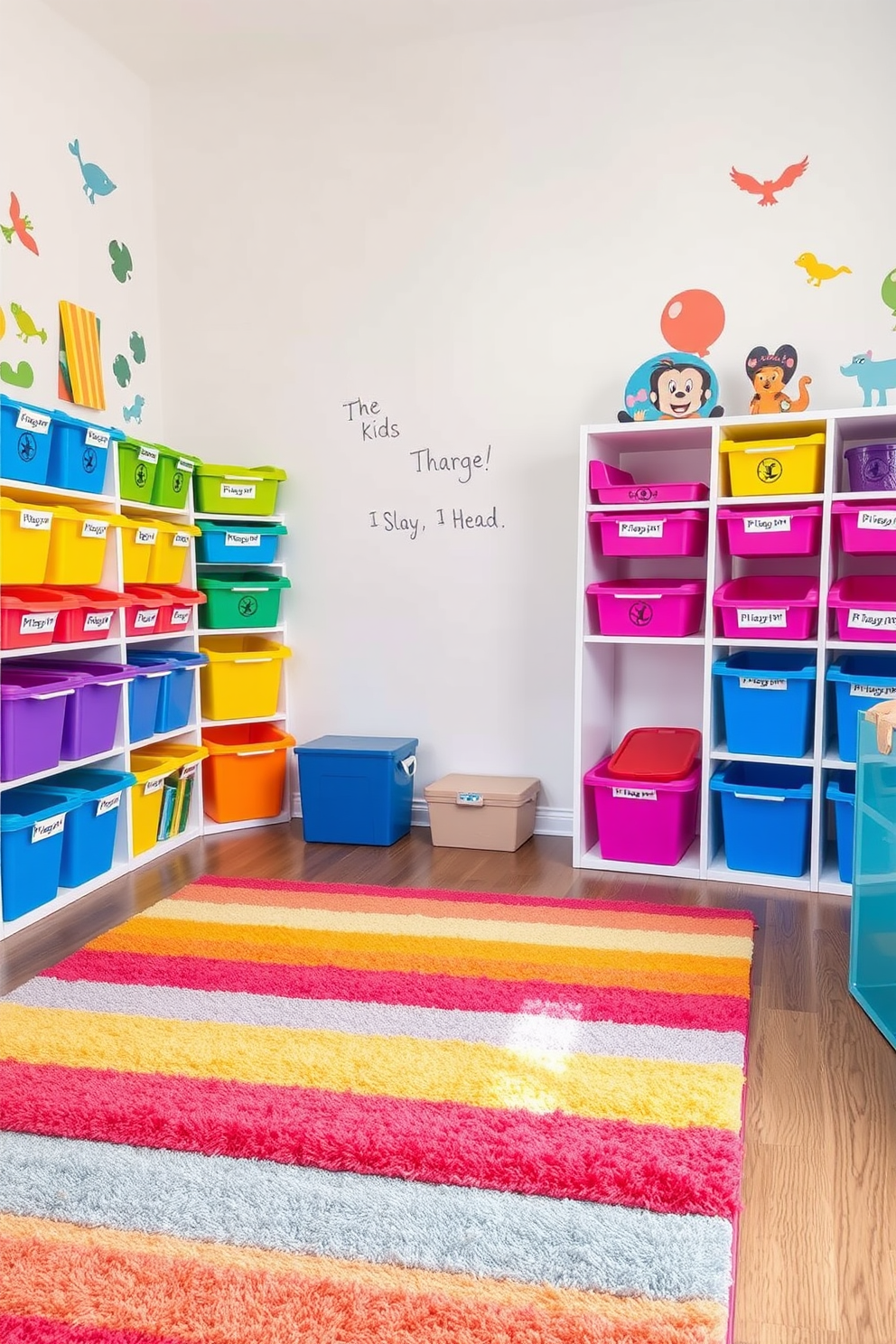 Brightly colored storage bins are arranged neatly along the walls of a cheerful kids playroom. The bins are labeled with fun, playful icons to encourage children to keep their space organized and tidy. The playroom features a soft, vibrant rug in the center, providing a comfortable area for play. Walls are adorned with colorful artwork and decals, creating an inviting and imaginative atmosphere.