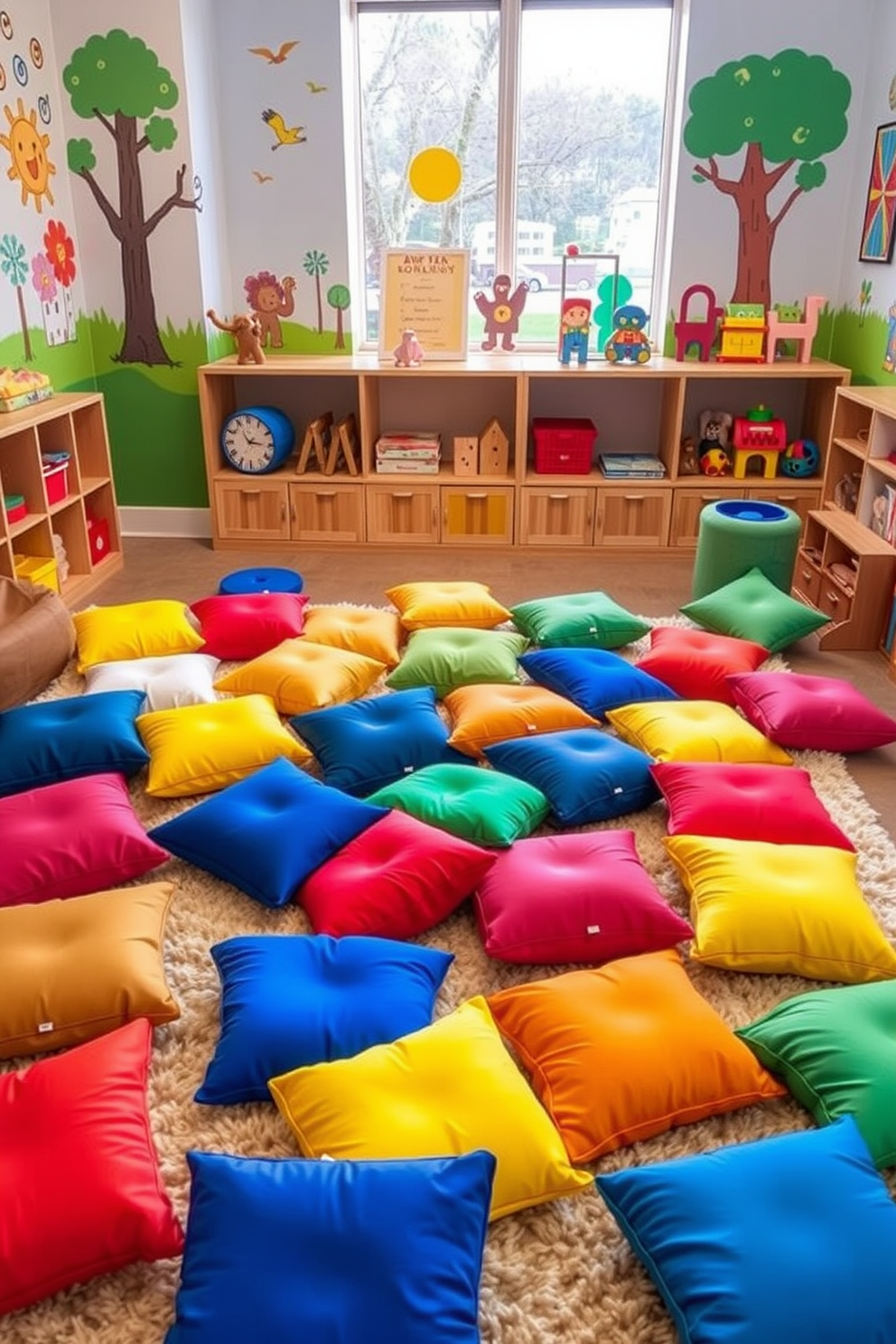 A vibrant kids playroom filled with colorful floor cushions scattered across a soft, plush rug. The walls are adorned with playful murals and bright artwork, creating an inviting and imaginative atmosphere for children to explore and play.