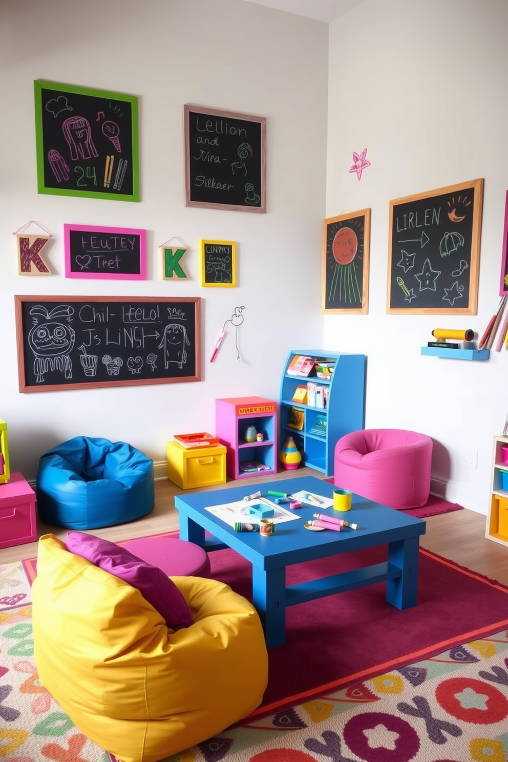 A vibrant kids playroom filled with creativity. The walls are adorned with colorful wall-mounted chalkboards, inviting children to draw and express their imagination. Brightly colored furniture is scattered throughout the space, including bean bags and a low table for art activities. Soft rugs in playful patterns cover the floor, creating a cozy and inviting atmosphere for playtime.