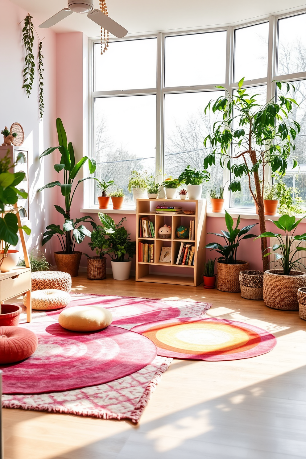 A vibrant kids playroom filled with nature-inspired decor. The walls are painted in soft pastel colors, and large windows allow natural light to flood the space, enhancing the lively atmosphere. Colorful rugs cover the floor, and various plants are strategically placed around the room. A cozy reading nook features a small bookshelf filled with children's books and plush seating, creating a welcoming environment for play and creativity.