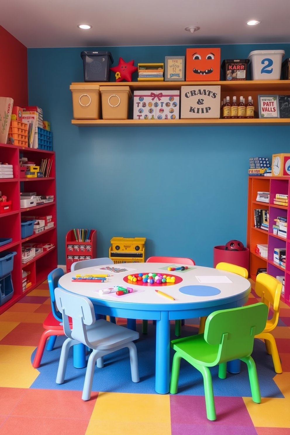 A vibrant kids playroom filled with creativity and fun. The room features a large multi-purpose table that can be used for crafts and games, surrounded by colorful chairs in various shapes. The walls are painted in bright primary colors, creating an energetic atmosphere. Shelves filled with art supplies, toys, and games are easily accessible, encouraging play and creativity.