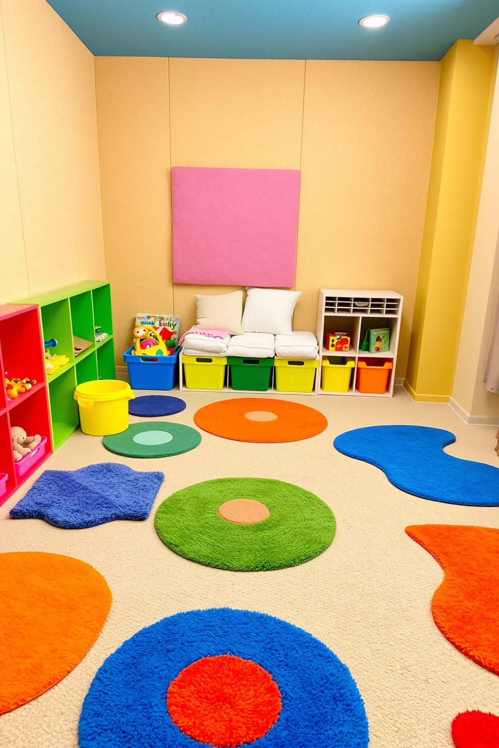 A vibrant sensory play area filled with various textures and colors. Soft rugs in different shapes cover the floor, while textured wall panels invite tactile exploration. Brightly colored bins filled with sensory toys are arranged neatly around the room. A cozy reading nook with plush cushions and a small bookshelf encourages imaginative play and relaxation.