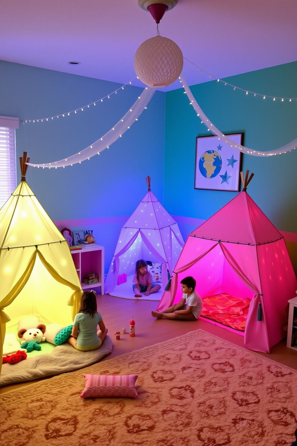 A vibrant playroom filled with light-up play tents creates a magical atmosphere for imaginative play. The walls are painted in cheerful colors, and soft rugs cover the floor, providing a cozy space for children to explore their creativity.