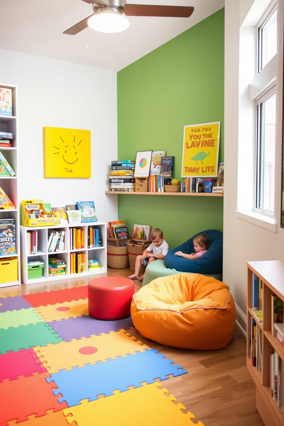 A vibrant kids playroom filled with colorful puzzle mats and shelves stocked with board games. A cozy reading nook with bean bags and bright wall art creates an inviting atmosphere for family fun.