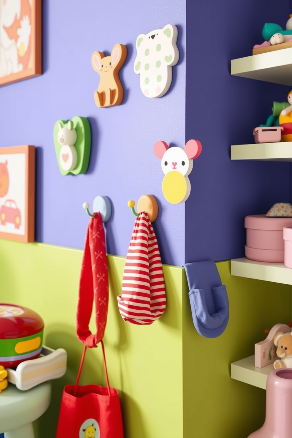 Creative wall hooks for easy hanging in a kids playroom feature whimsical designs like animal shapes and colorful motifs. The hooks are mounted at child-friendly heights on walls painted in bright, cheerful colors, complementing playful decor elements throughout the space.