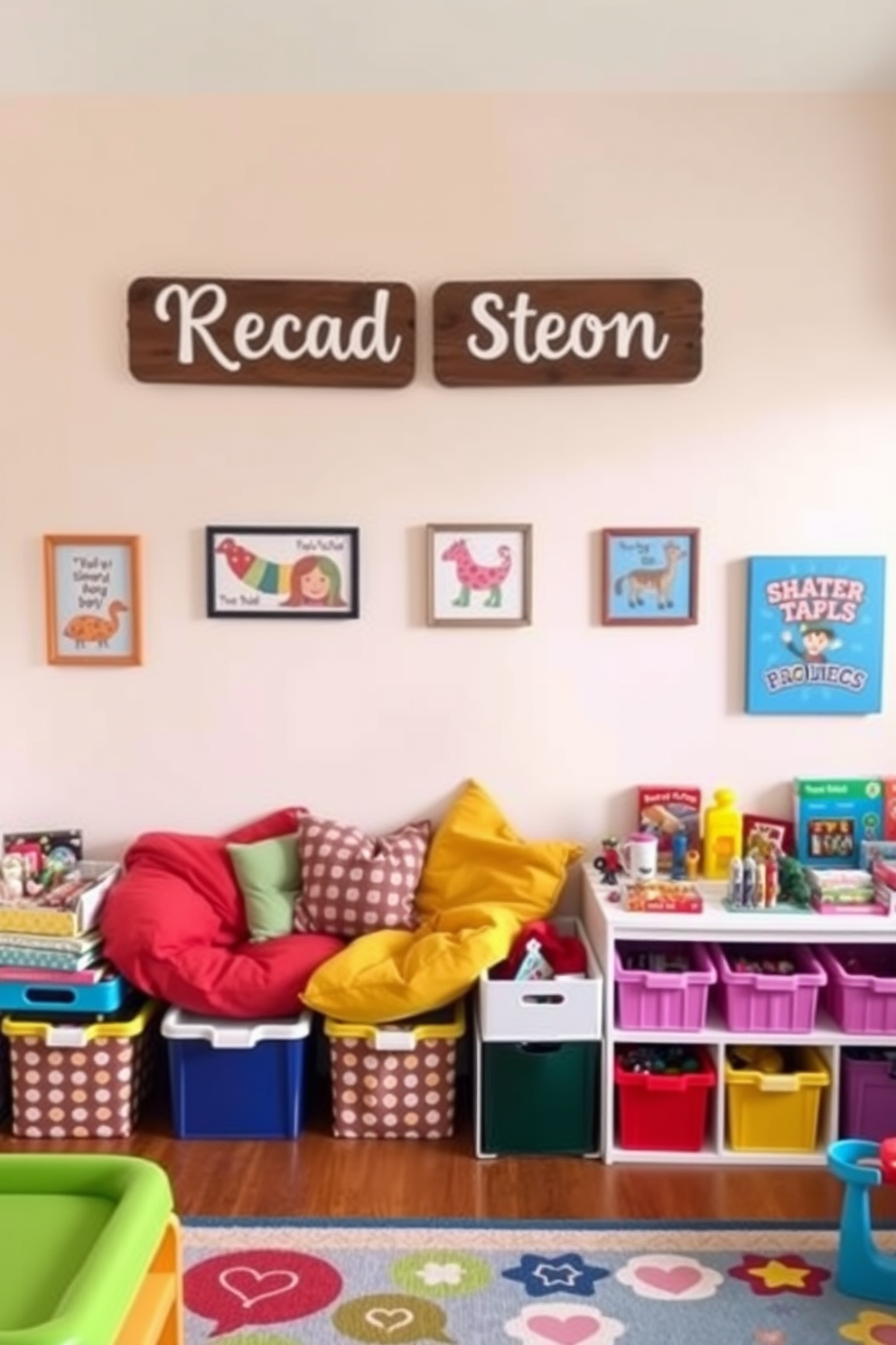 Personalized name signs hang above a cozy reading nook filled with colorful bean bags and plush cushions. The walls are painted in soft pastel colors, and whimsical artwork adorns the space, creating a cheerful atmosphere. A vibrant play area features a variety of toys and games organized in stylish storage bins. A playful rug with fun patterns covers the floor, inviting children to sit and play comfortably.