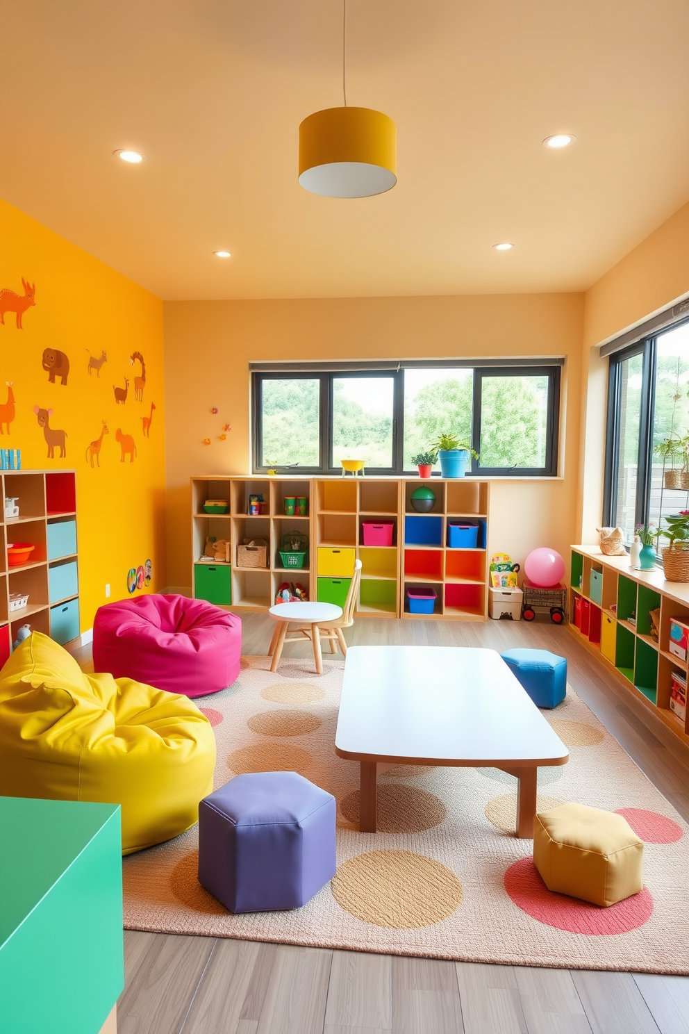 A vibrant kids playroom filled with modular furniture that can be easily rearranged to create flexible layouts. The space features colorful bean bags, a low table for arts and crafts, and shelving units that can be moved around as needed. Bright wall decals of animals and shapes add a playful touch, while soft rugs provide a comfortable area for play. Large windows allow natural light to flood the room, creating an inviting and cheerful atmosphere.