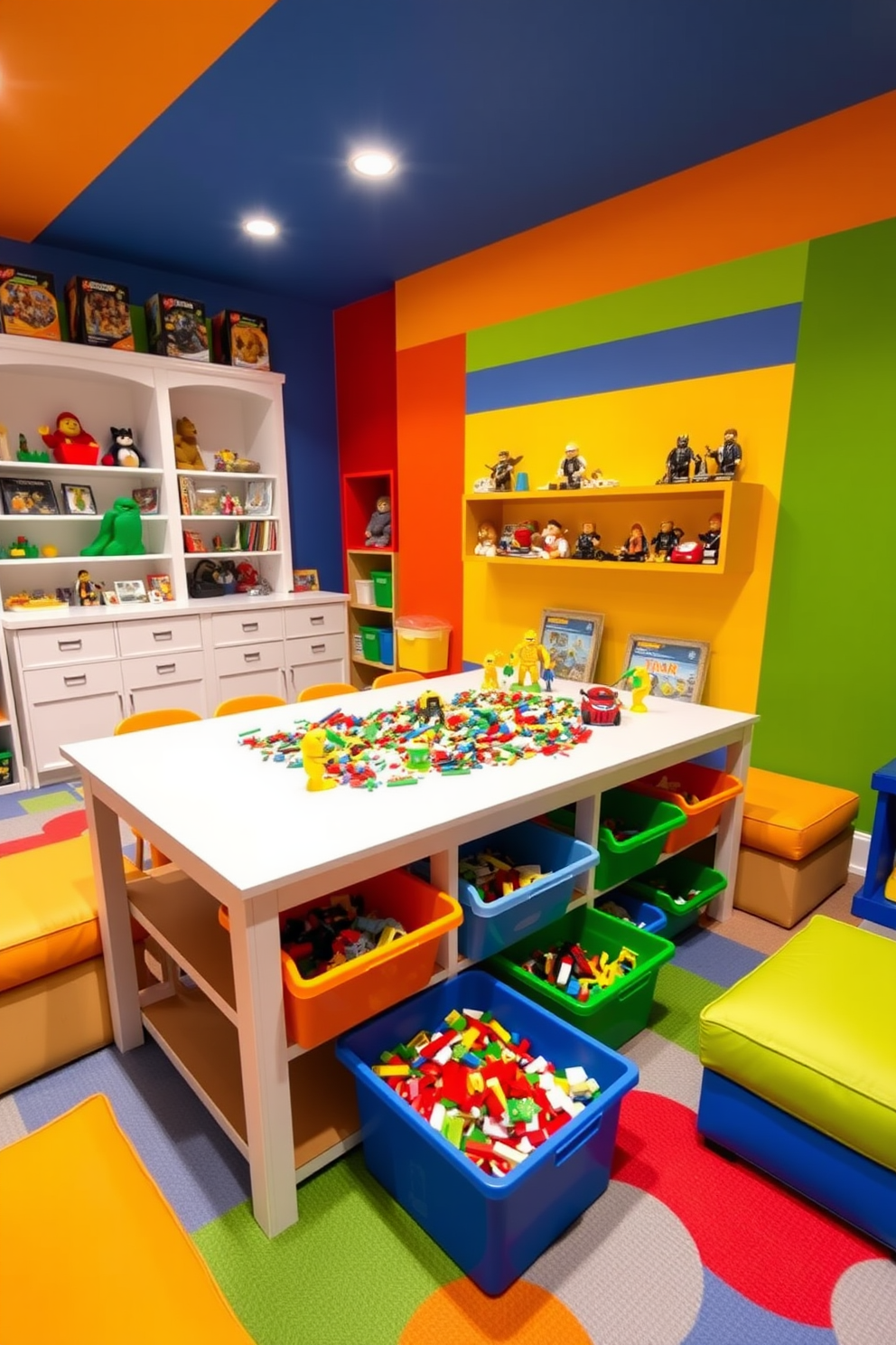 A vibrant kids playroom featuring a dedicated Lego building station. The area includes a large table with colorful storage bins filled with various Lego sets, surrounded by comfortable seating for playtime.