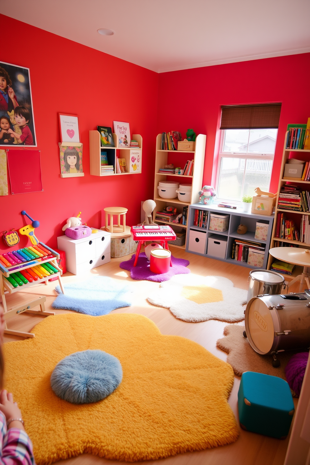 A vibrant kids playroom filled with creativity and exploration. In one corner, a collection of musical instruments including a colorful xylophone, a small keyboard, and a set of drums invite children to discover sound and rhythm. The walls are painted in bright primary colors, creating an energetic atmosphere. Soft, plush rugs in various shapes provide a comfortable space for kids to sit and play, while shelves filled with books and toys encourage imaginative play.