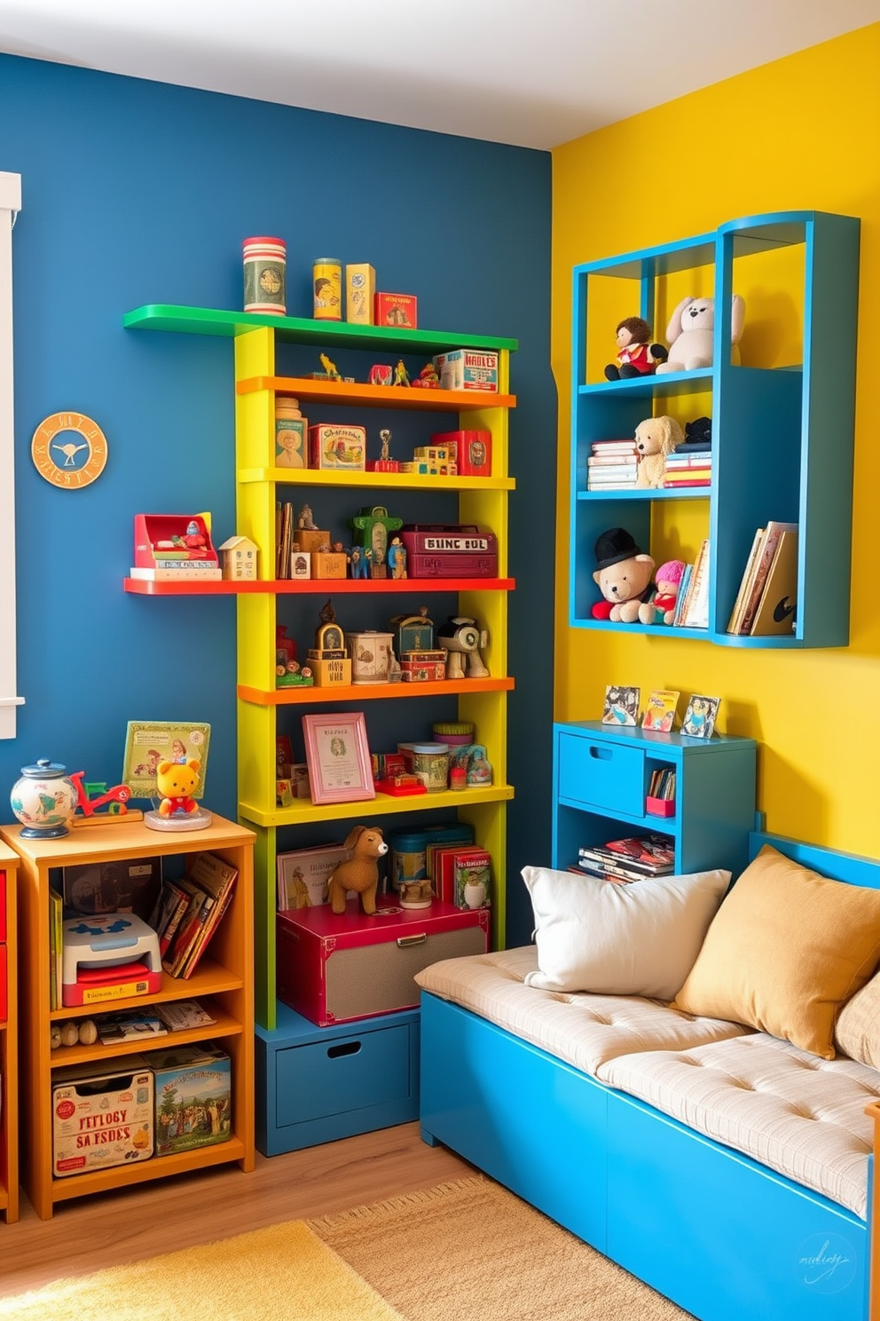 A vintage toy display fills the corner of a cheerful kids playroom. Colorful shelves showcase classic toys like wooden blocks and stuffed animals, creating a nostalgic atmosphere. Brightly colored walls in shades of blue and yellow enhance the playful vibe of the space. A cozy reading nook with a small bookshelf and plush cushions invites children to explore their imagination.