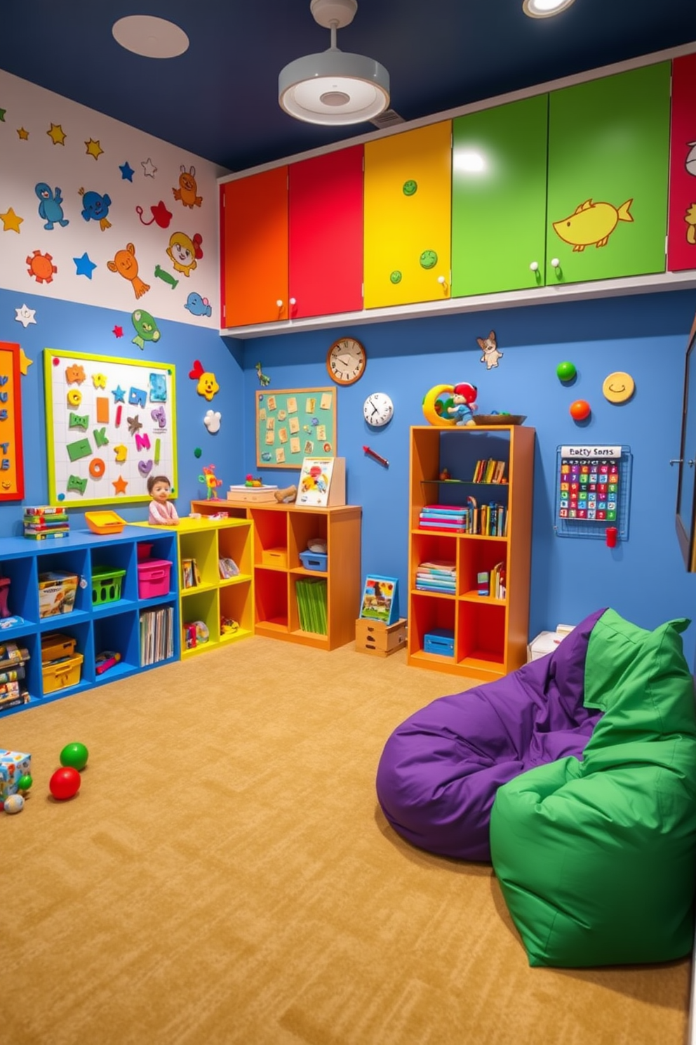 A vibrant kids playroom filled with interactive wall games designed to engage children. The walls are adorned with colorful decals and magnetic boards for creative activities, while a soft carpet provides a comfortable play area. Brightly colored shelving units store toys and games, promoting organization and accessibility. A cozy reading nook with bean bags and a small bookshelf encourages quiet time and imagination.