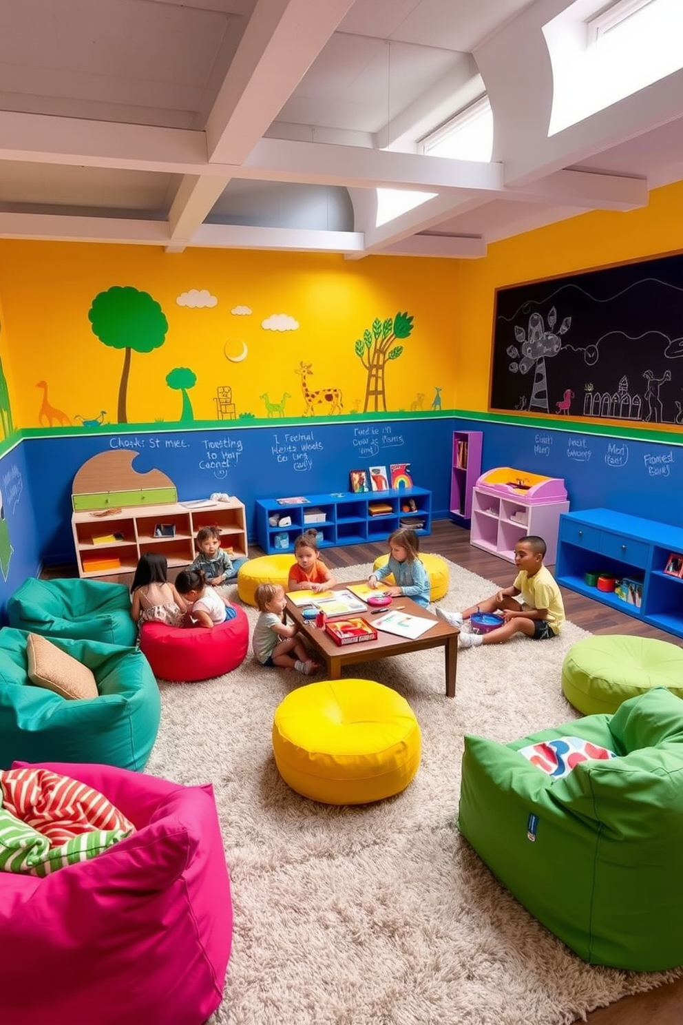 A vibrant kids playroom filled with flexible seating arrangements that encourage group play. Colorful bean bags and floor cushions are scattered around a soft, plush rug, creating a cozy atmosphere for children to gather and interact. The walls are adorned with playful murals and chalkboard paint, allowing for creative expression. A low table in the center holds art supplies and games, fostering collaboration and imaginative play among kids.