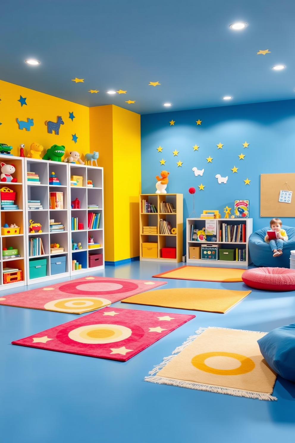 A vibrant kids playroom filled with bright colors and playful decor. The walls are painted in cheerful shades of blue and yellow, with whimsical wall decals of animals and stars. There are soft, colorful rugs scattered across the floor for comfort during playtime. A large bookshelf filled with toys and books sits against one wall, while a cozy reading nook with bean bags invites relaxation.