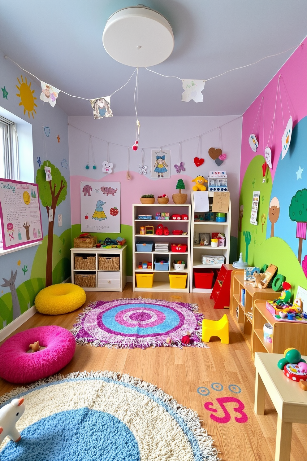 A vibrant kids playroom filled with creativity and fun. The walls are painted in bright colors with playful murals, and there are various art display wires hanging to showcase children's artwork. Soft, colorful rugs cover the floor, providing a cozy area for play. In one corner, there are shelves filled with toys and art supplies, encouraging exploration and imagination.