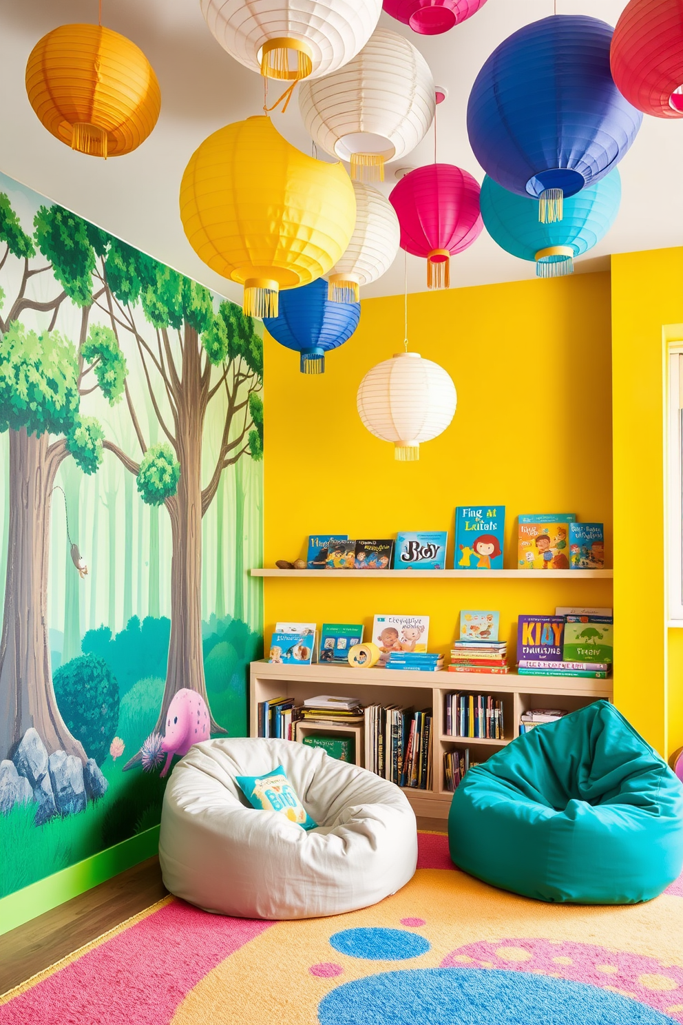 A vibrant kids playroom filled with playful colors and textures. One wall features a large mural of a whimsical forest, while the opposite wall is painted in a bright yellow to energize the space. The ceiling is adorned with hanging paper lanterns in various shapes and sizes. A cozy reading nook is created with a soft bean bag and shelves filled with colorful books, encouraging imagination and creativity.