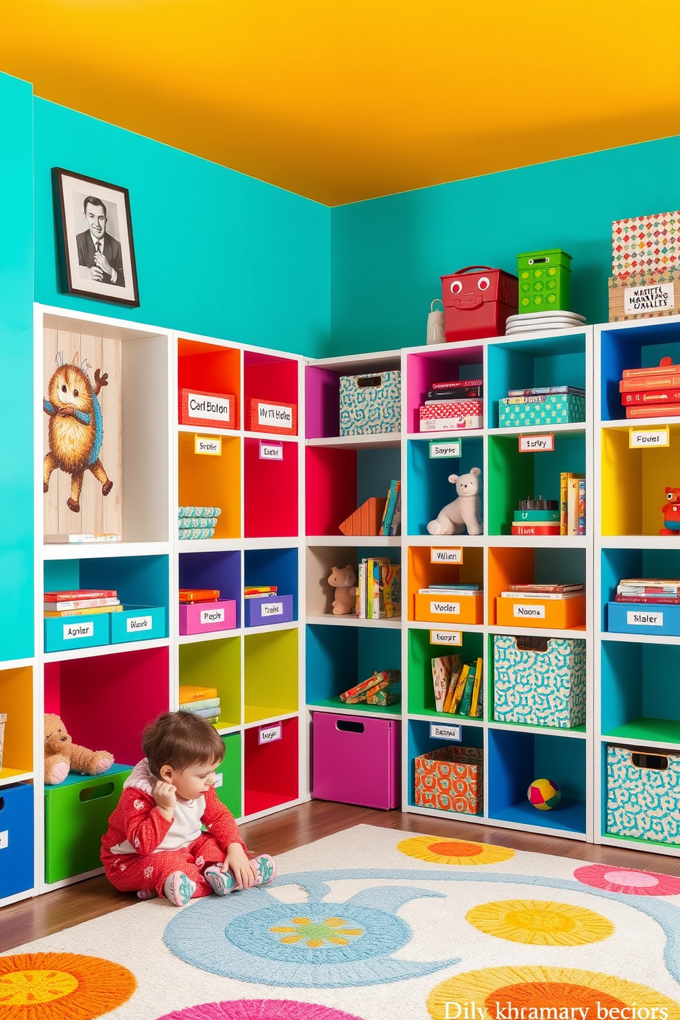 A vibrant kids playroom filled with colorful cubbies for individual storage solutions. The walls are painted in bright primary colors, creating an energetic and inviting atmosphere. Each cubby is uniquely designed with fun patterns and labels, making it easy for children to organize their toys and games. Soft, playful rugs cover the floor, providing a comfortable space for children to sit and play.