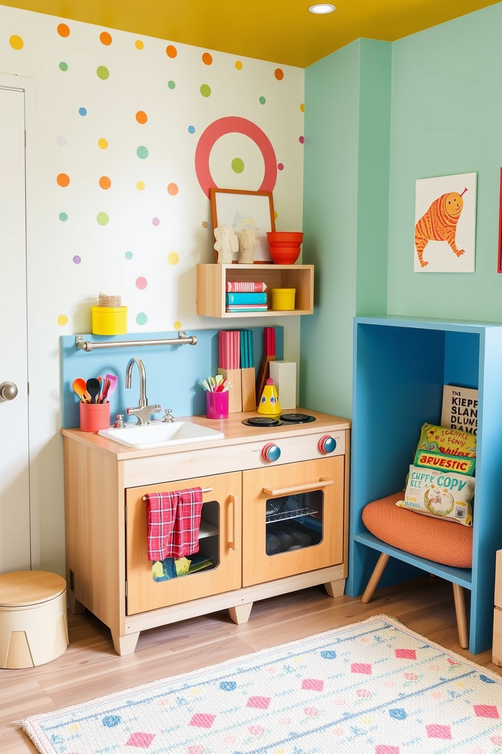 A mini kitchen designed for imaginative cooking play features a bright and cheerful color scheme with playful patterns. The space includes a small wooden play kitchen with a sink, stove, and oven, surrounded by colorful toy food and utensils. The kids playroom design incorporates soft, inviting furniture and vibrant wall art to stimulate creativity. A cozy reading nook with plush cushions and a variety of books adds a welcoming touch to the playful environment.