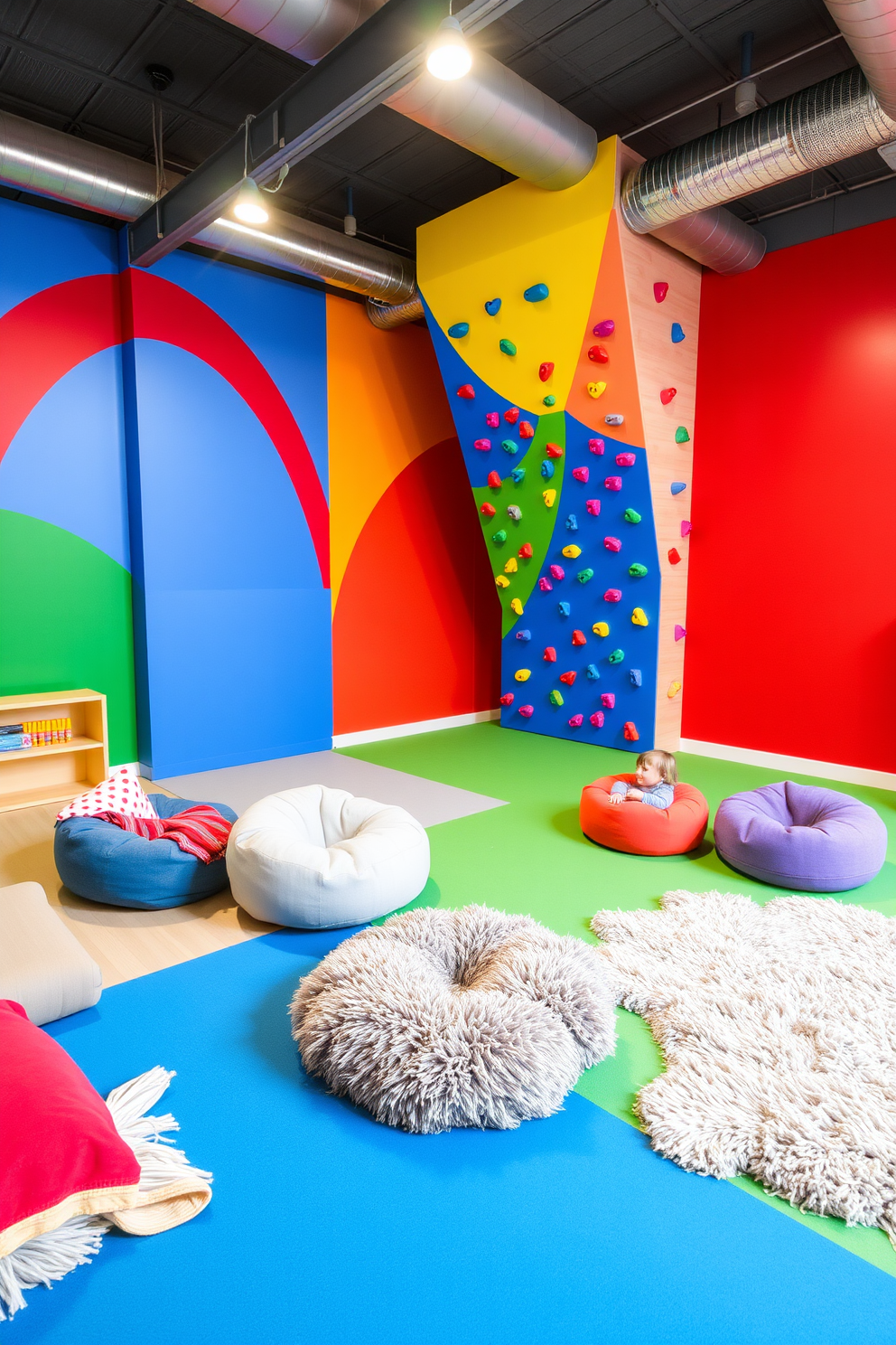 A vibrant kids playroom featuring interactive play zones with climbing walls. The walls are painted in bright primary colors, and soft mats cover the floor for safety. In one corner, a large climbing wall is adorned with colorful handholds, encouraging active play. Cozy seating areas with bean bags and plush rugs provide a comfortable space for relaxation and creativity.