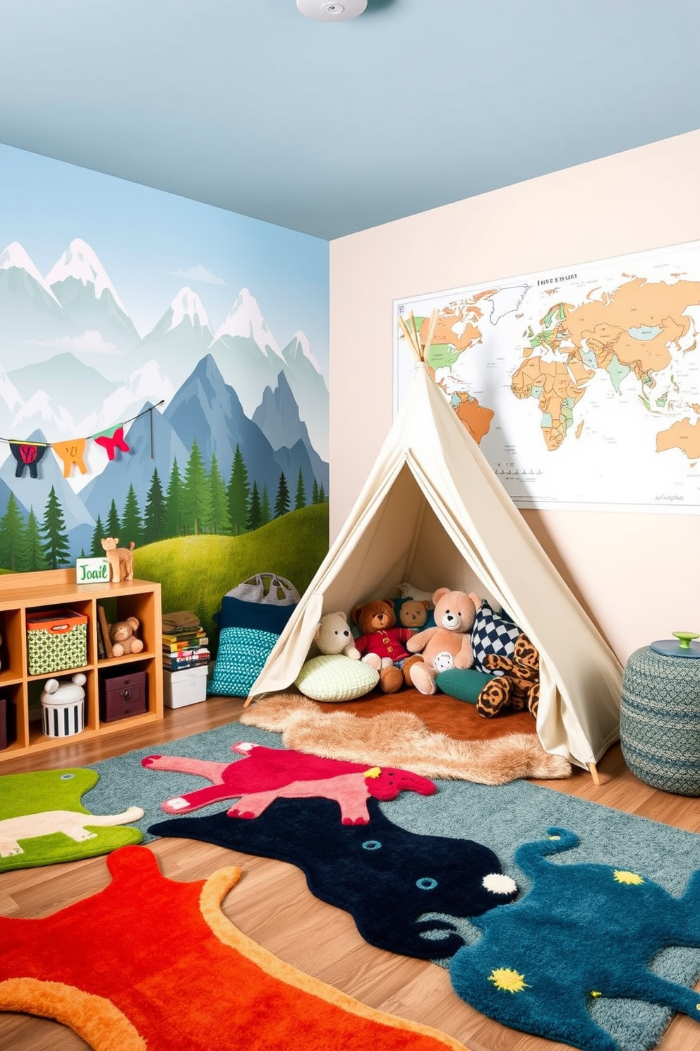 A vibrant kids playroom filled with adventure-themed decor. The walls are adorned with murals of mountains and forests, while a large world map is displayed prominently. Colorful rugs shaped like animals cover the floor, creating a playful atmosphere. A cozy reading nook features a tent made of canvas, surrounded by plush cushions and stuffed animals.