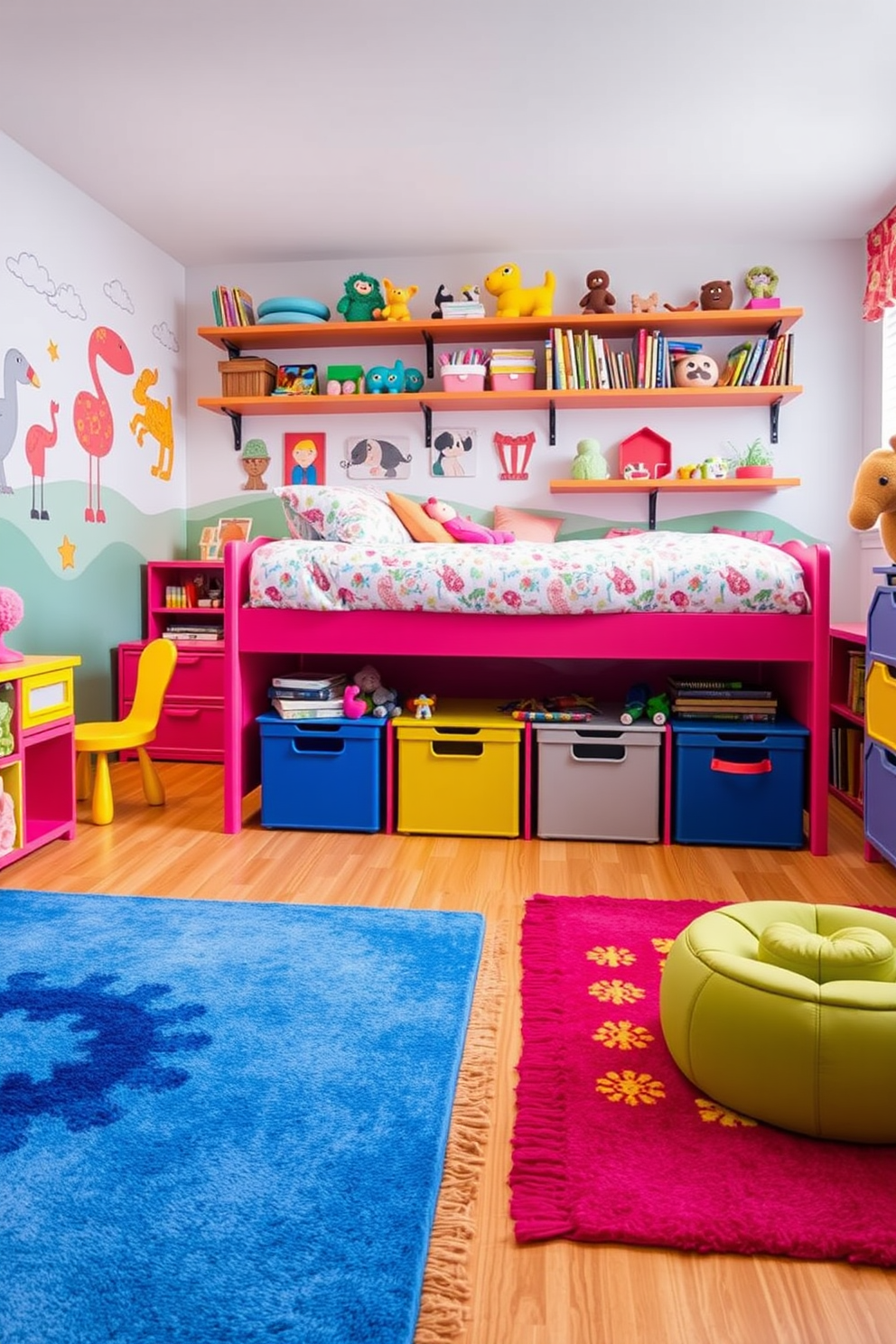 A vibrant kids playroom filled with colorful furniture and playful decor. Under the bed, there are spacious storage bins designed to hold toys and games, keeping the room organized and fun. Brightly colored rugs cover the floor, providing a soft area for play. The walls are adorned with whimsical murals and shelves filled with books and stuffed animals.