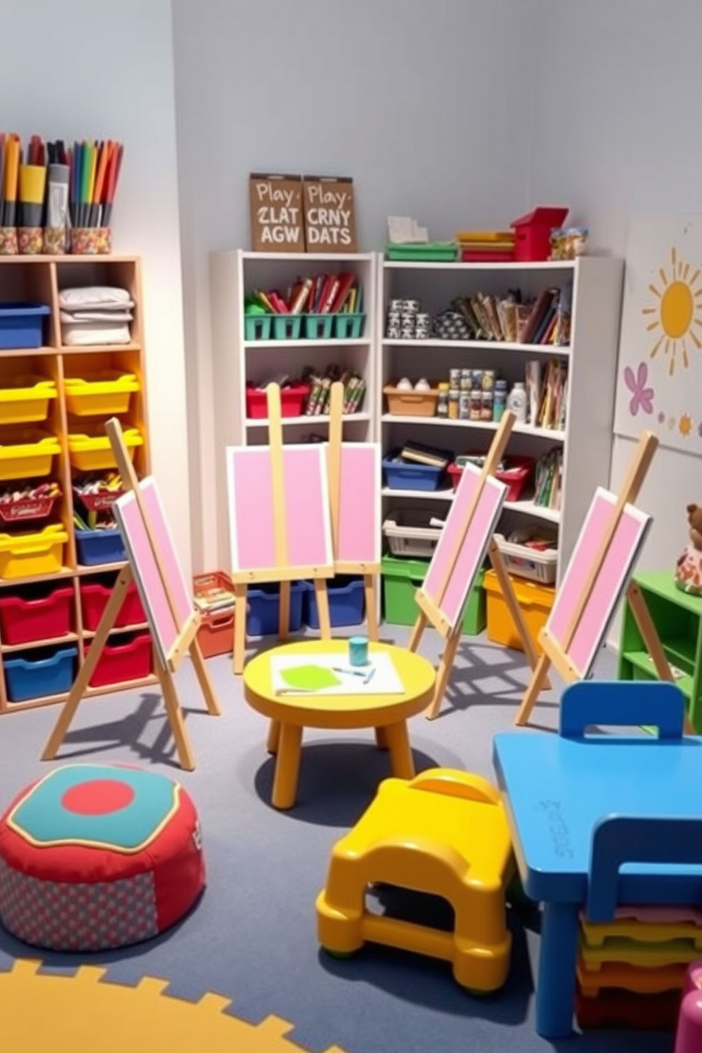 Art station with easels and supplies. The space features multiple easels arranged in a semi-circle, surrounded by vibrant art supplies neatly organized on shelves. Kids playroom design ideas. The room is filled with colorful furniture, including a soft play mat, a small table for crafts, and playful wall art that sparks creativity.