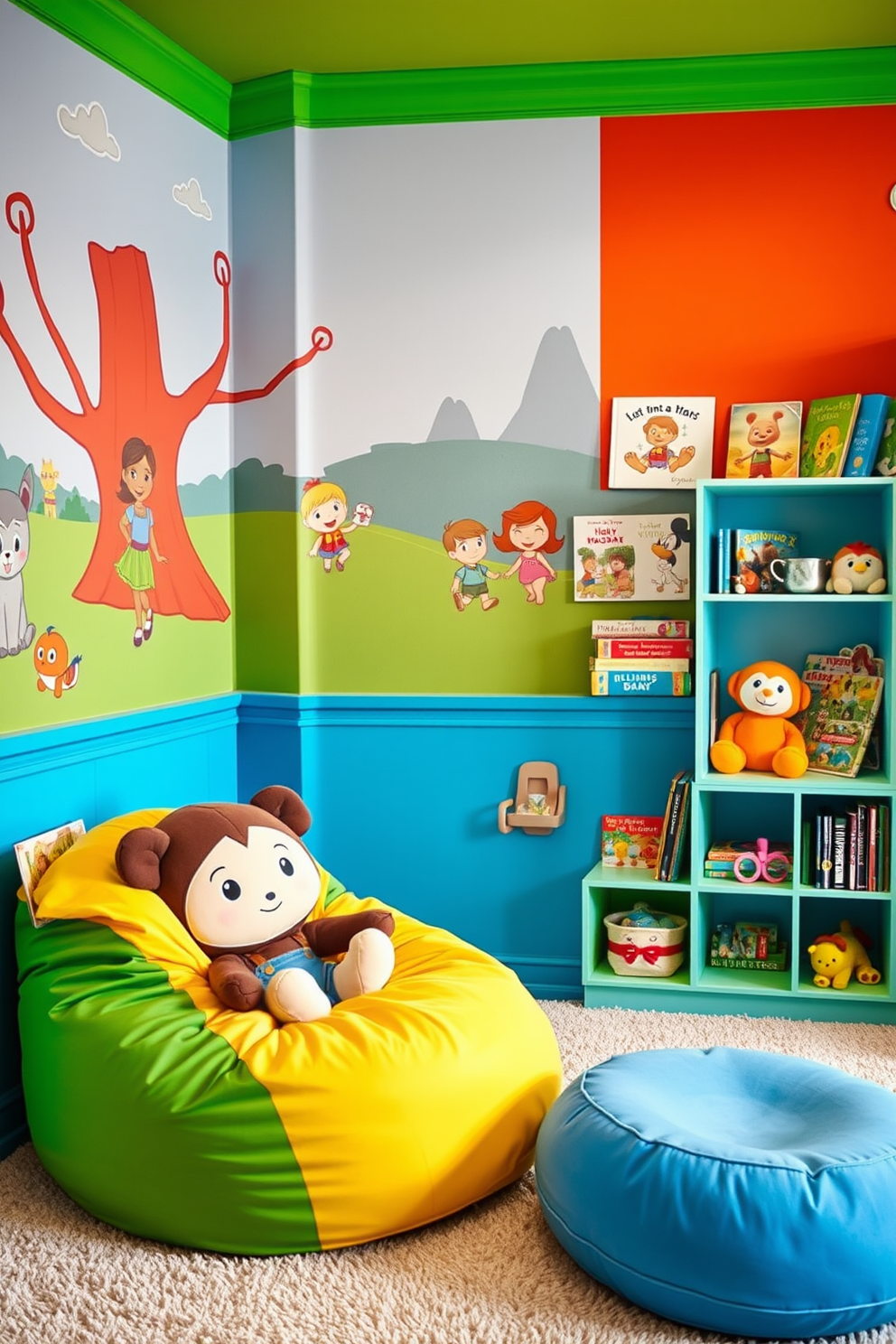 A whimsical kids playroom inspired by beloved characters. The walls are painted in bright colors featuring murals of playful scenes with cartoon characters. A cozy reading nook with a bean bag chair shaped like a favorite character. Shelves filled with storybooks and plush toys create a fun and inviting atmosphere.