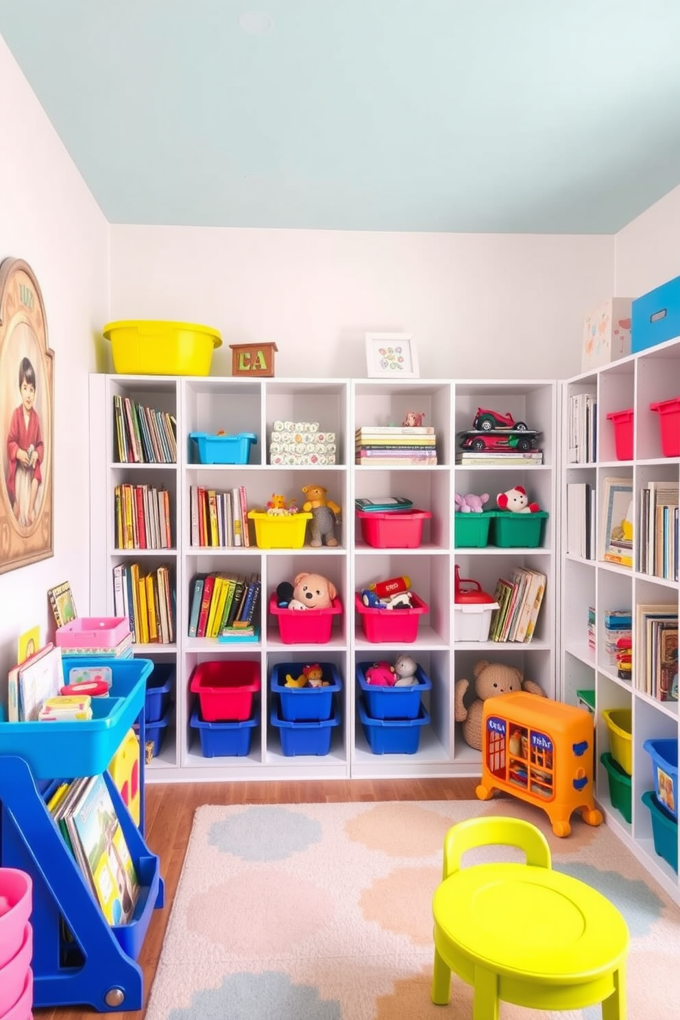 A bright and cheerful kids playroom filled with open shelving for easy toy access. The walls are painted in soft pastel colors, and colorful bins are arranged on the shelves to organize toys and books.