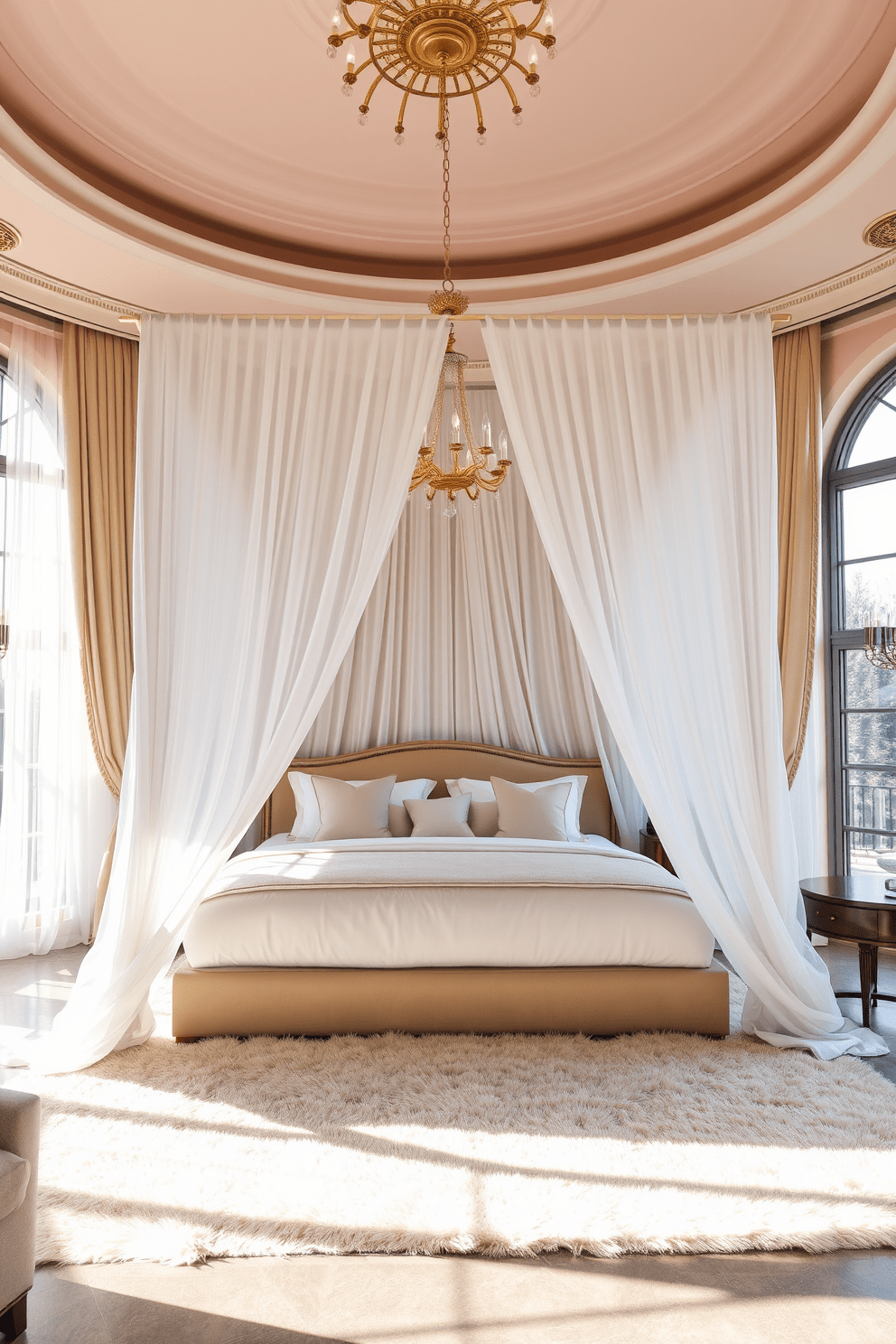 A luxurious king bedroom featuring a stunning canopy bed draped with sheer white fabric that gently cascades to the floor. The walls are painted in a soft blush tone, complemented by elegant gold accents in the decor and lighting fixtures. A plush area rug lies beneath the bed, adding warmth and texture to the space. Large windows are adorned with flowing curtains that allow natural light to fill the room, creating a serene and inviting ambiance.